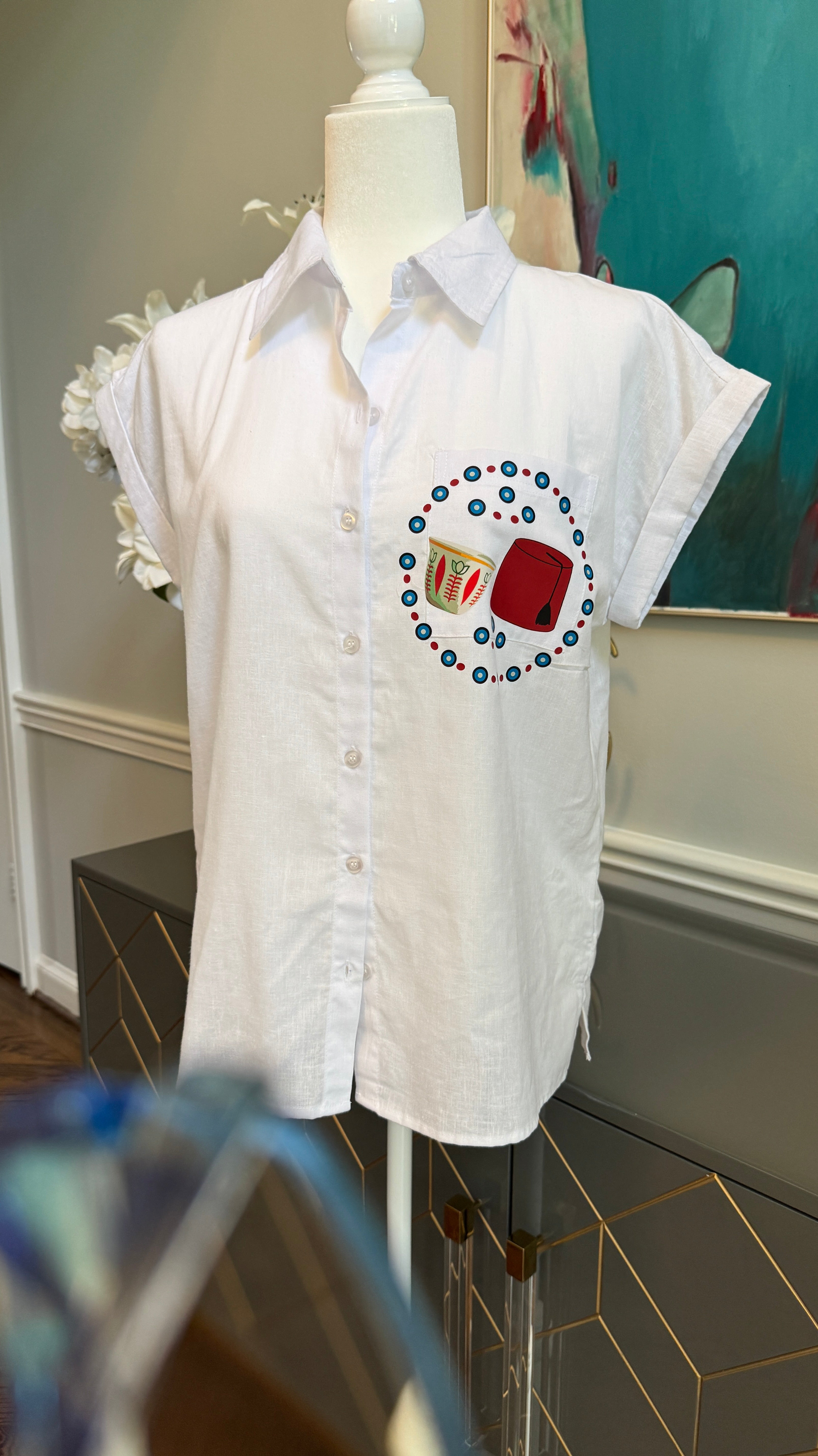 White blouse, top short sleeves evil eye and Fez design