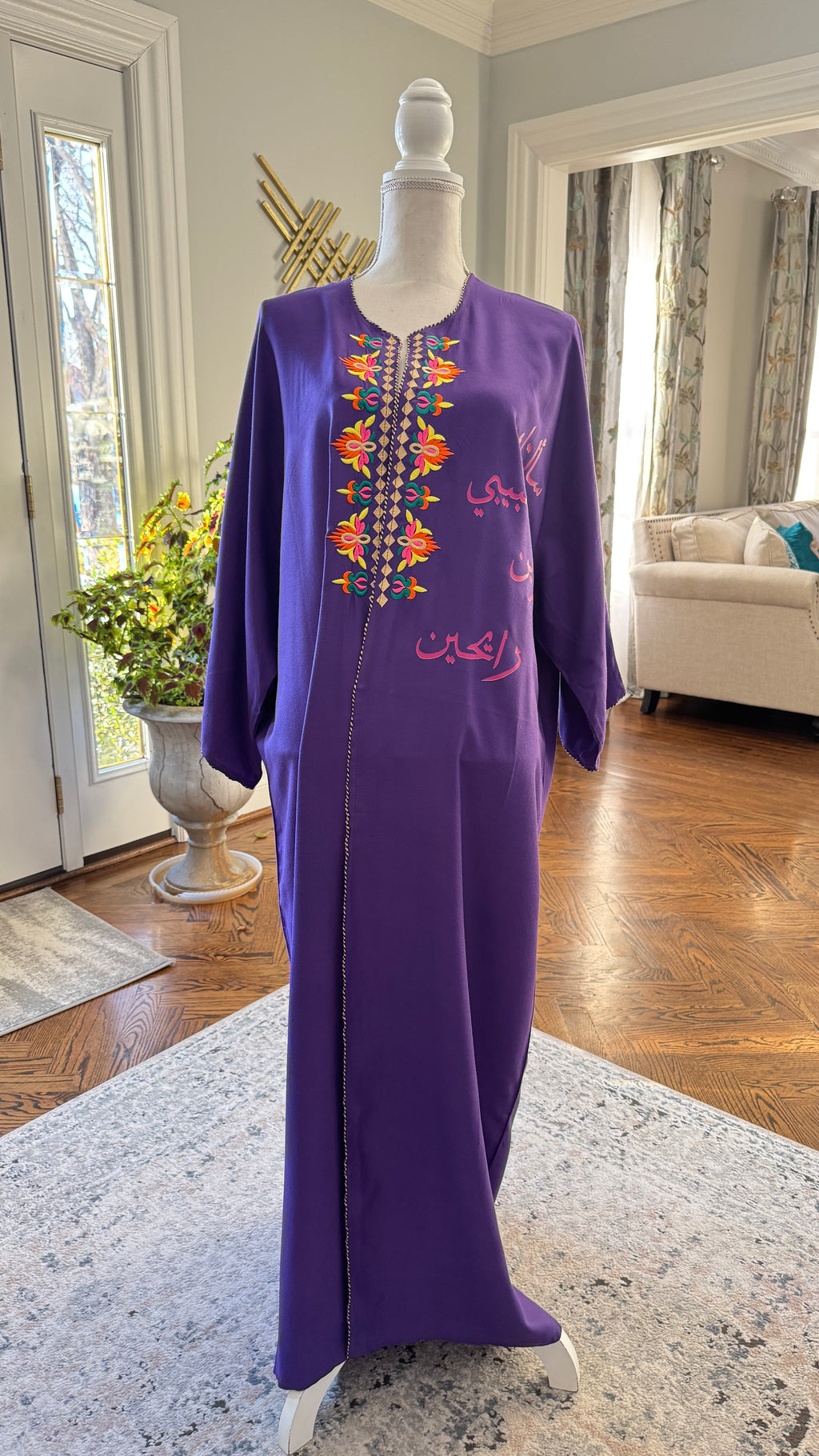 Deep Purple Open caftan embroidery design on the front. Designed with Arabic Calligraphy سألتك حبيبي لوين رايحين. Unique design on the back عشق