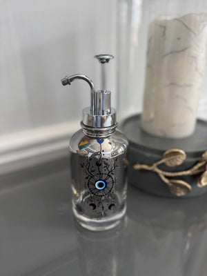 Clear Grayish Glass & Silver Soap Dispenser designed with evil eye 🧿 motif.