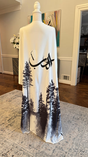 White & Black Open caftan Designed with Arabic Calligraphy حب and Fez. Special design on the shoulders.