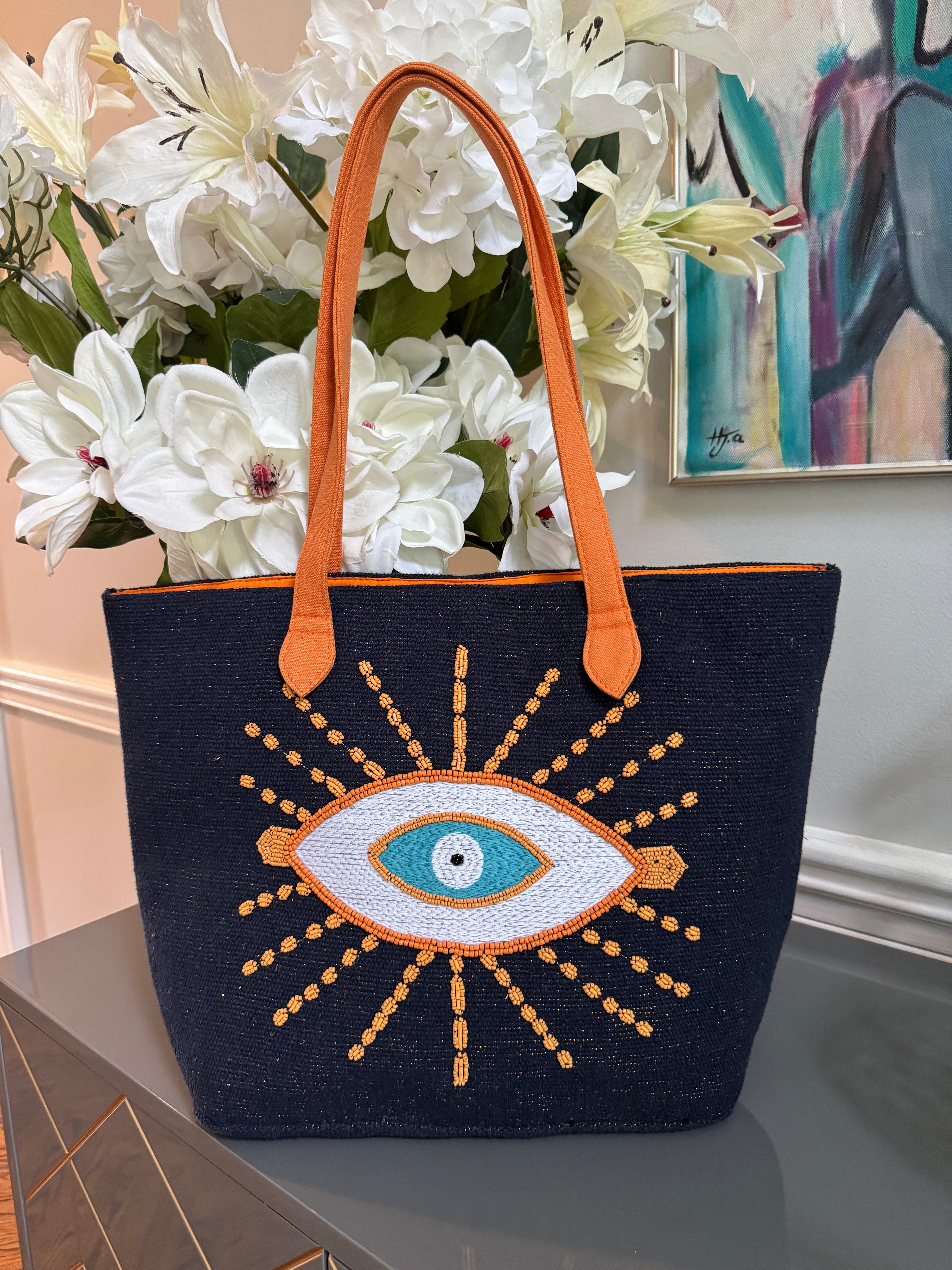 Big tote bag with beaded evil eye design