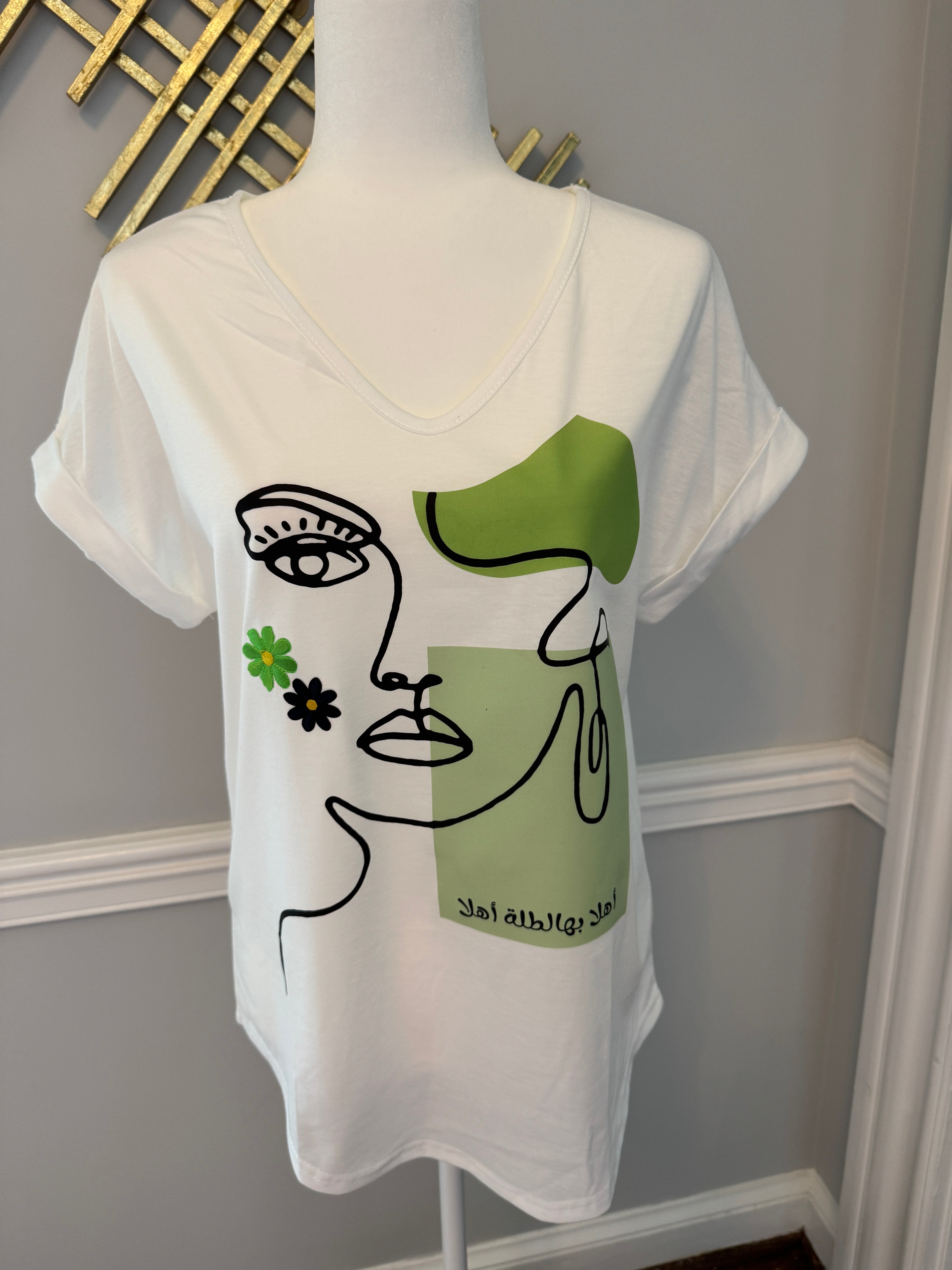 V Neck neck white shirt beauty & Arabic caligraphy Design اهلا بها الطلة اهلا