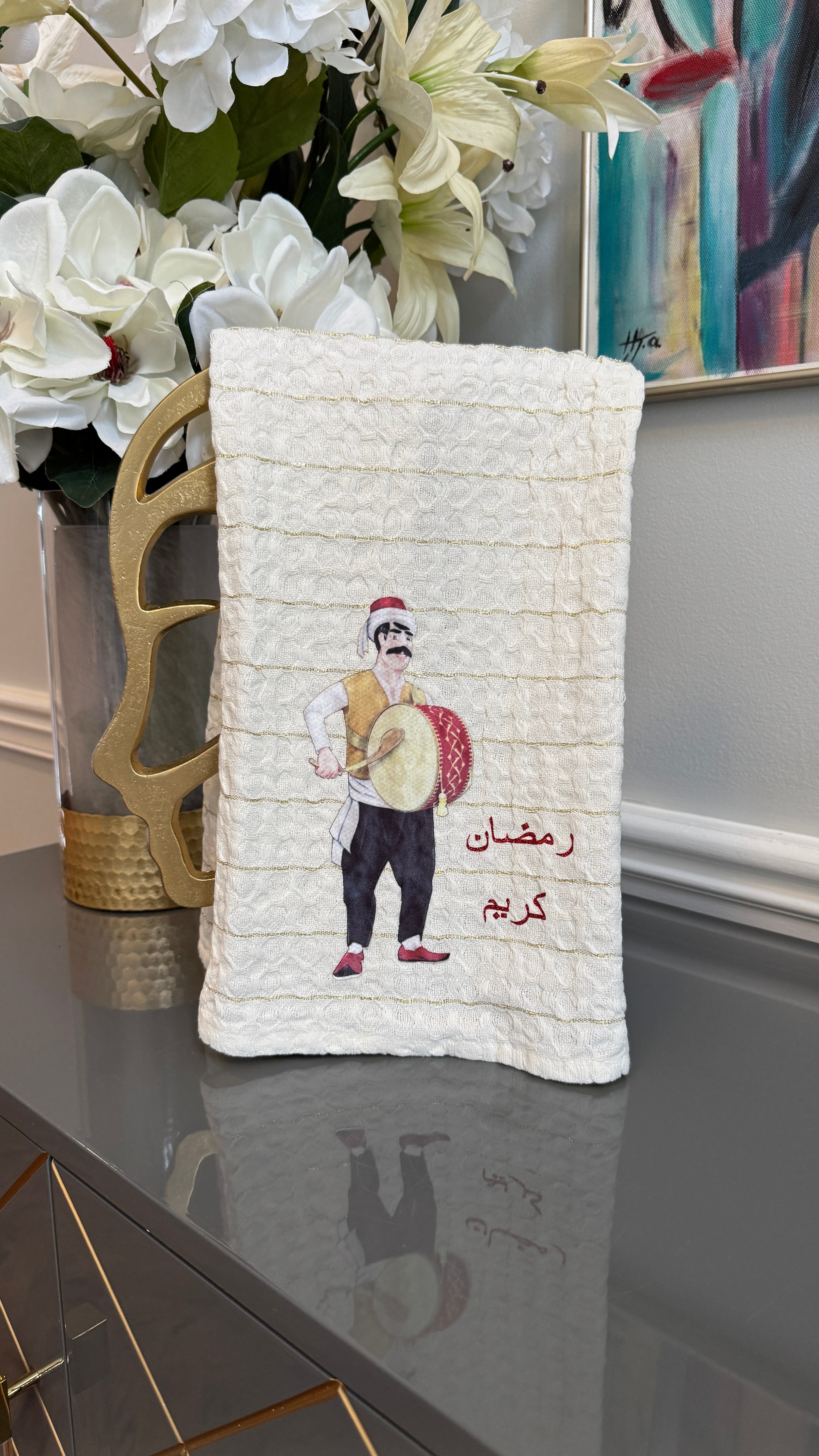 White Towel designed with Ramadan Theme msaharati and Arabic Calligraphy رمضان كريم