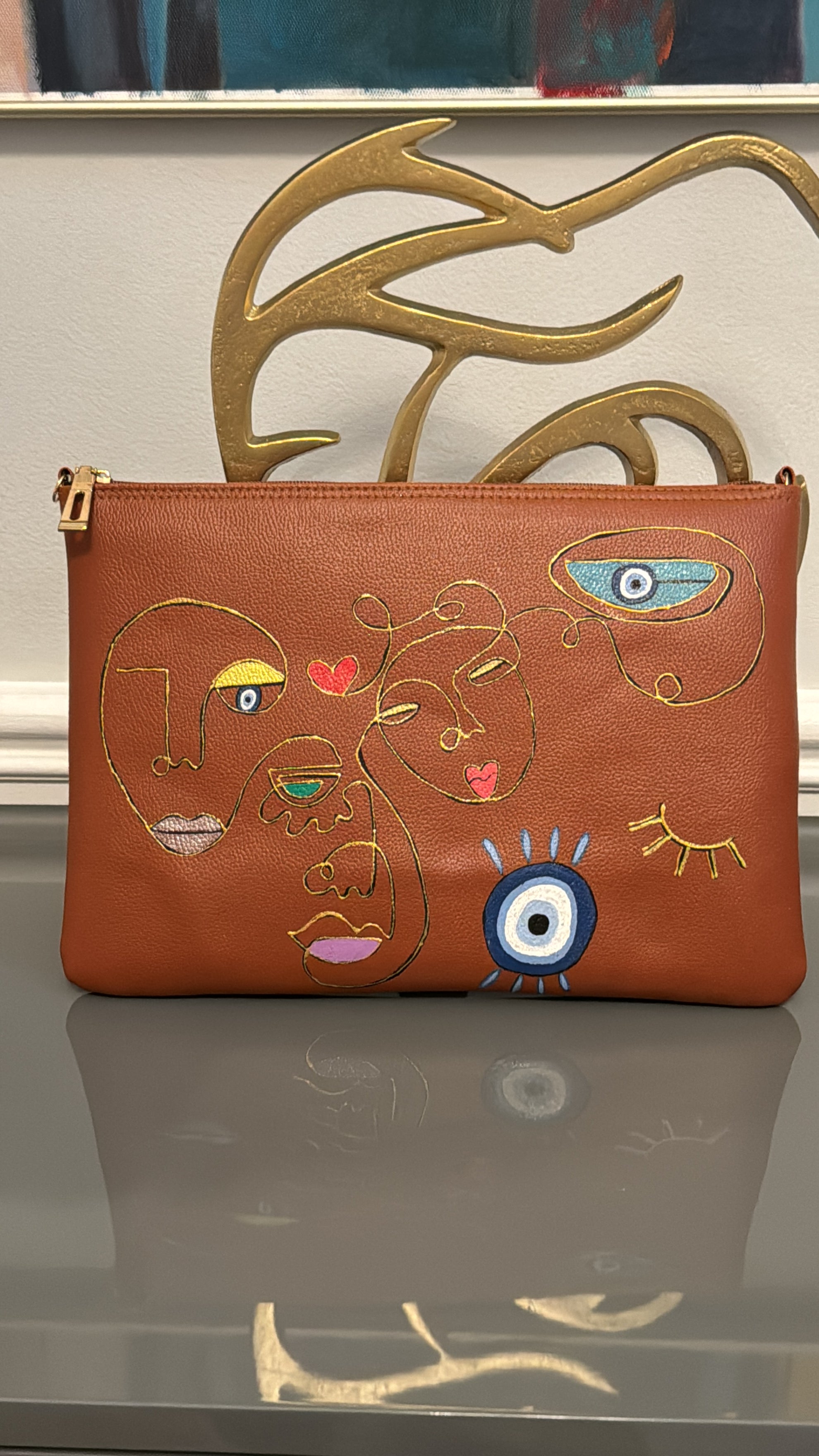 Tan Clutch Hand painted modern theme