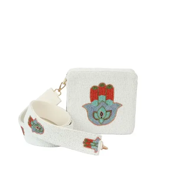 Beaded Fatimah Hand crossbody bag with beaded straps. Beaded all around.