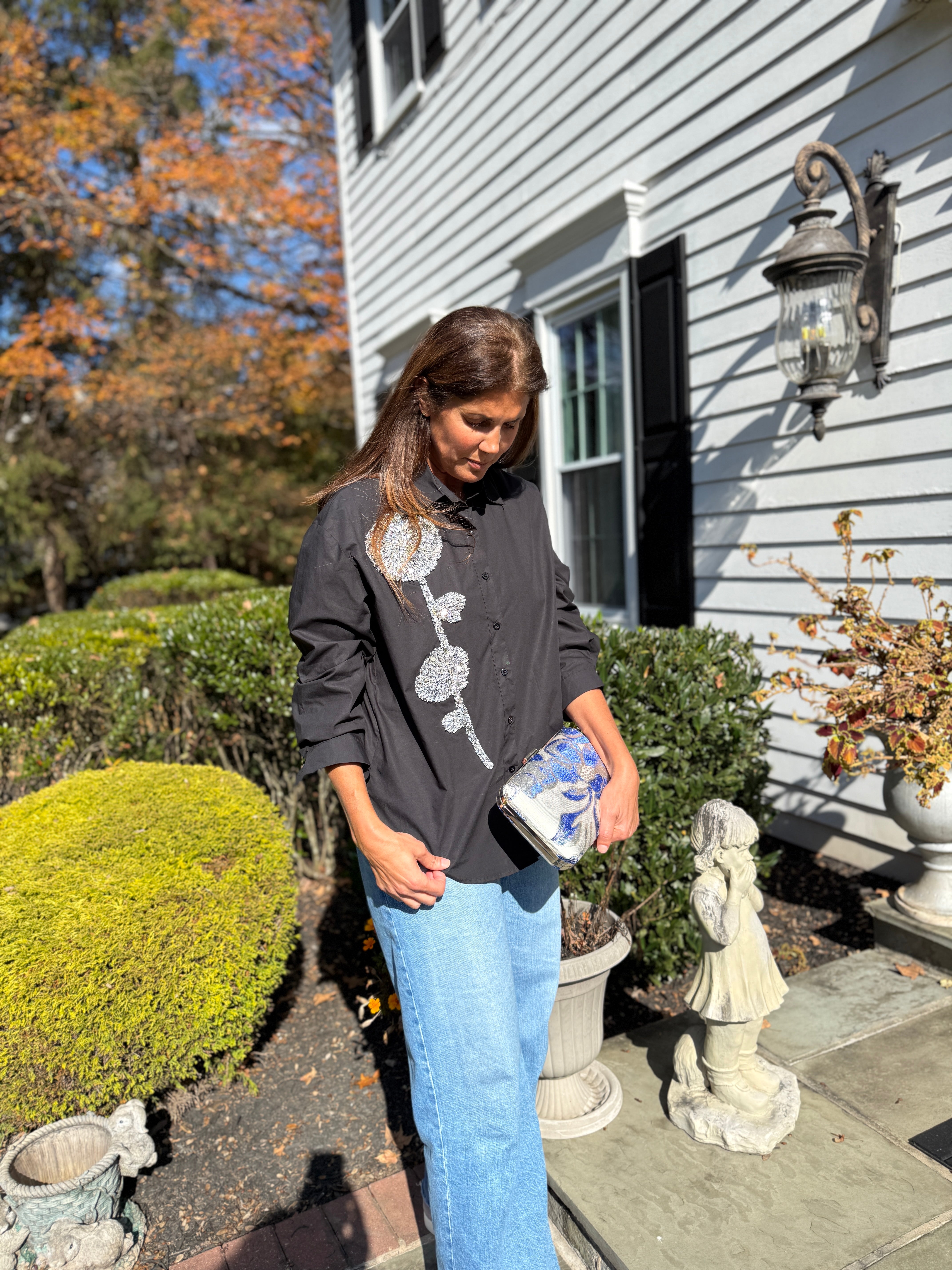 Embellished Shirt with crystal stone flower theme