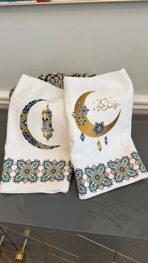 White Arabian mosaic design and Ramadan theme crescent and Arabic Calligraphy رمضان كريم