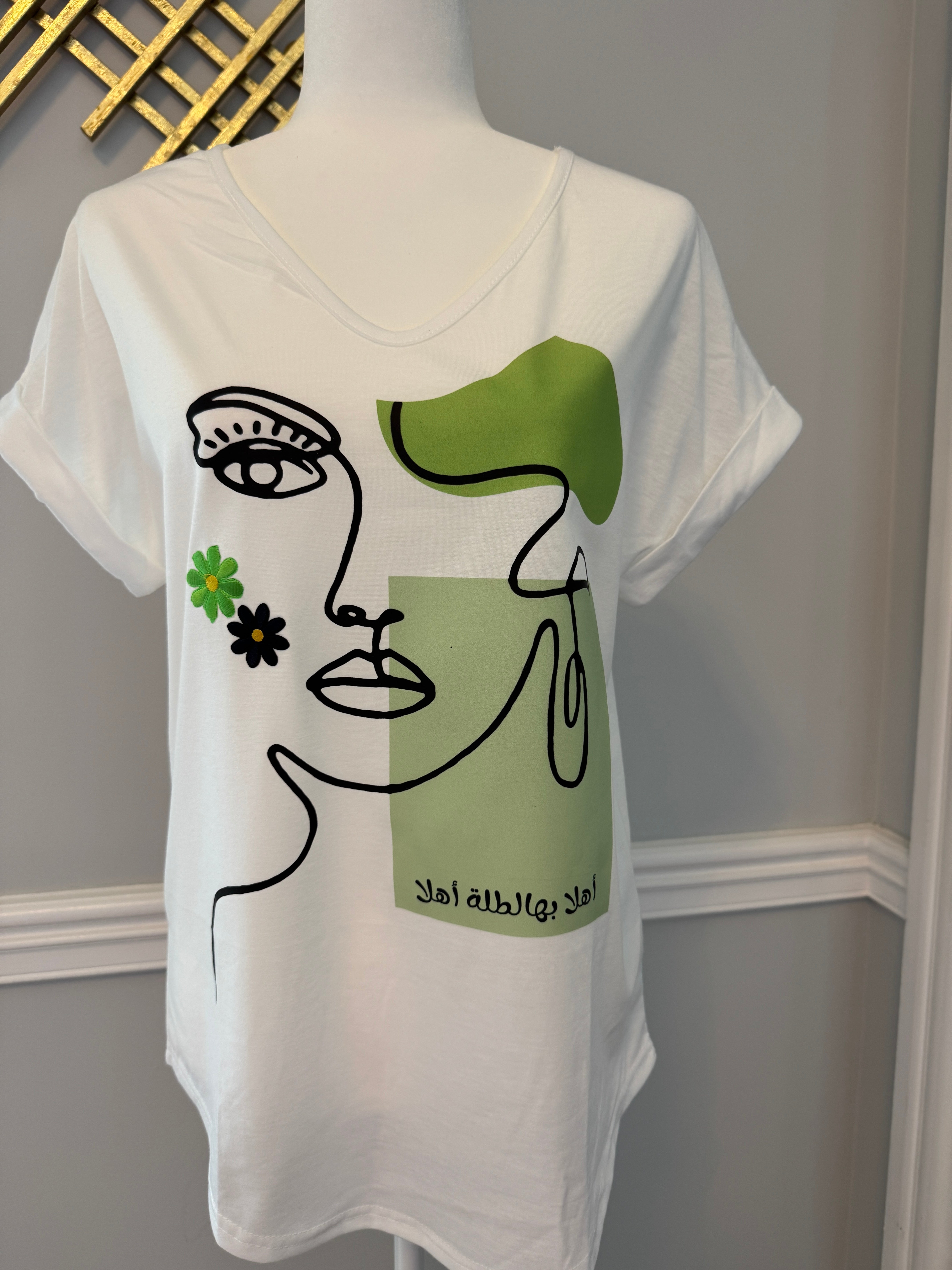 V Neck neck white shirt beauty & Arabic caligraphy Design اهلا بها الطلة اهلا