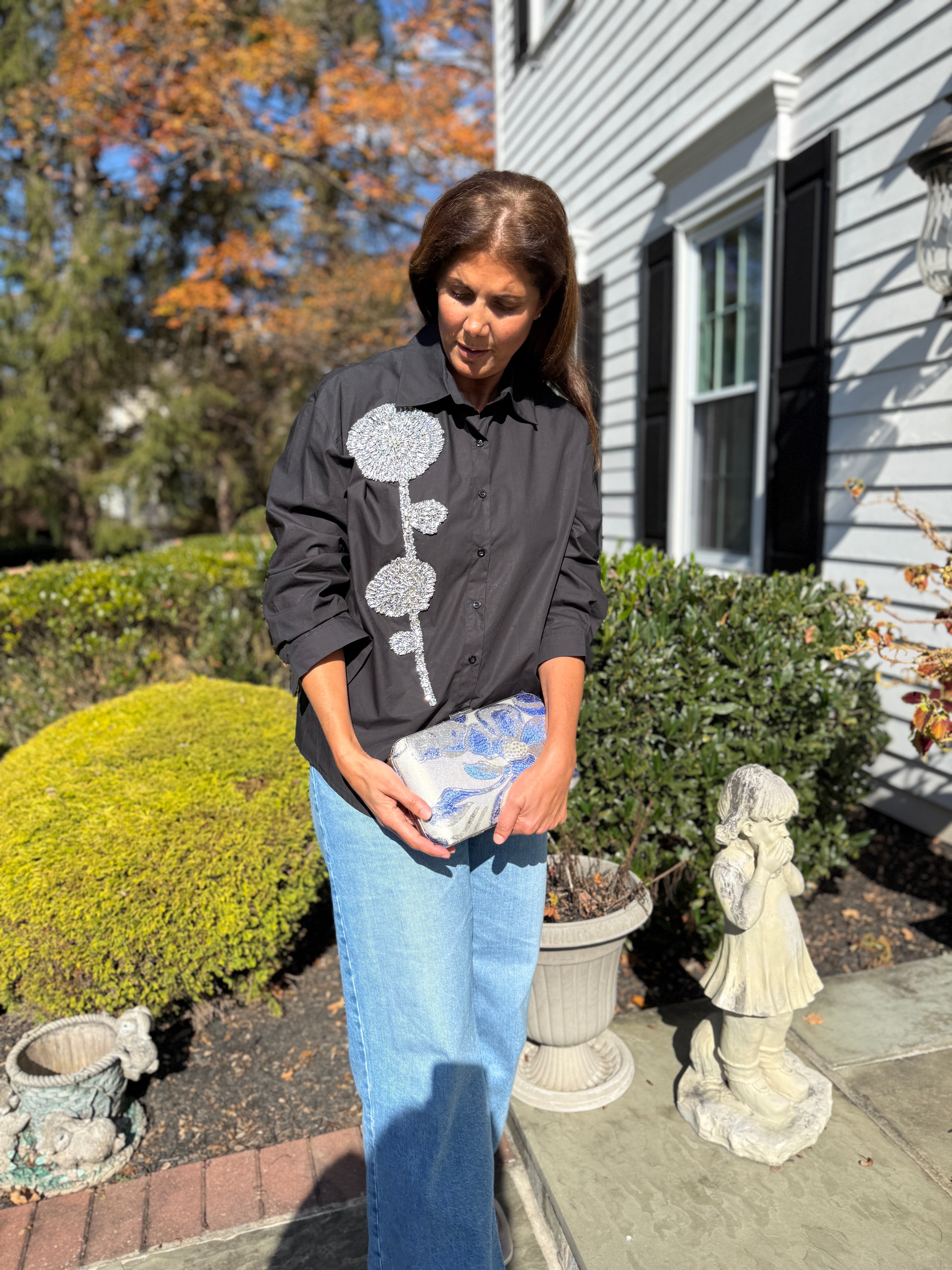 Embellished Shirt with crystal stone flower theme