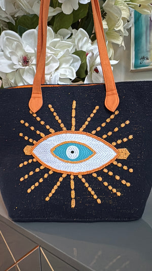 Big tote bag with beaded evil eye design