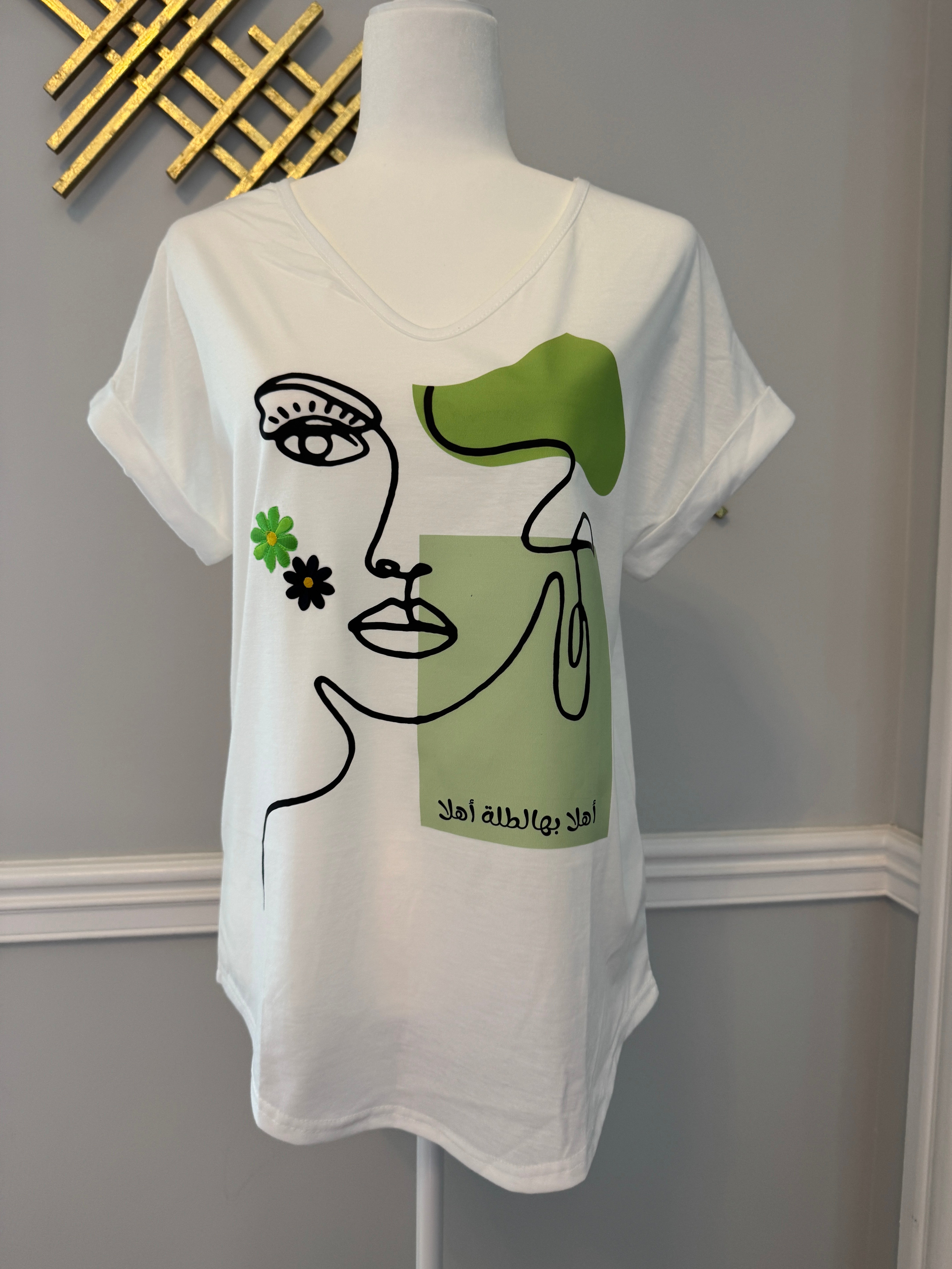 V Neck neck white shirt beauty & Arabic caligraphy Design اهلا بها الطلة اهلا