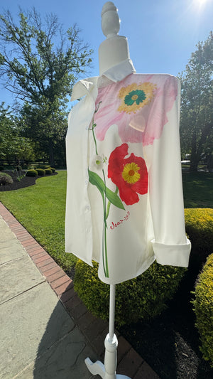 Long Sleeve Floral Print , embroidery motif & Arabic Calligraphy Blouse الورد جميل