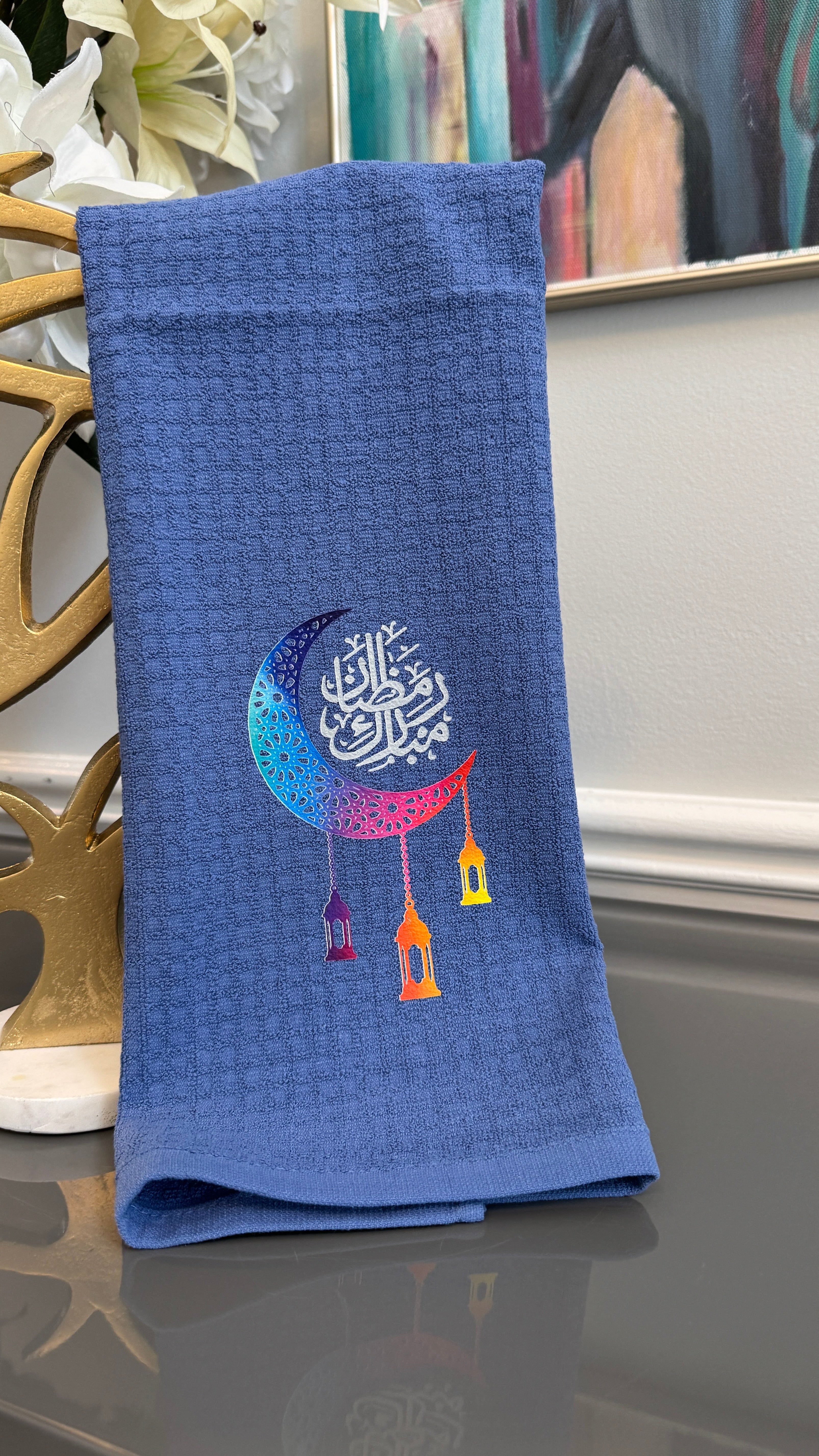 Blue towel Multi color Ramadan crescent and Arabic Calligraphy رمضان مبارك