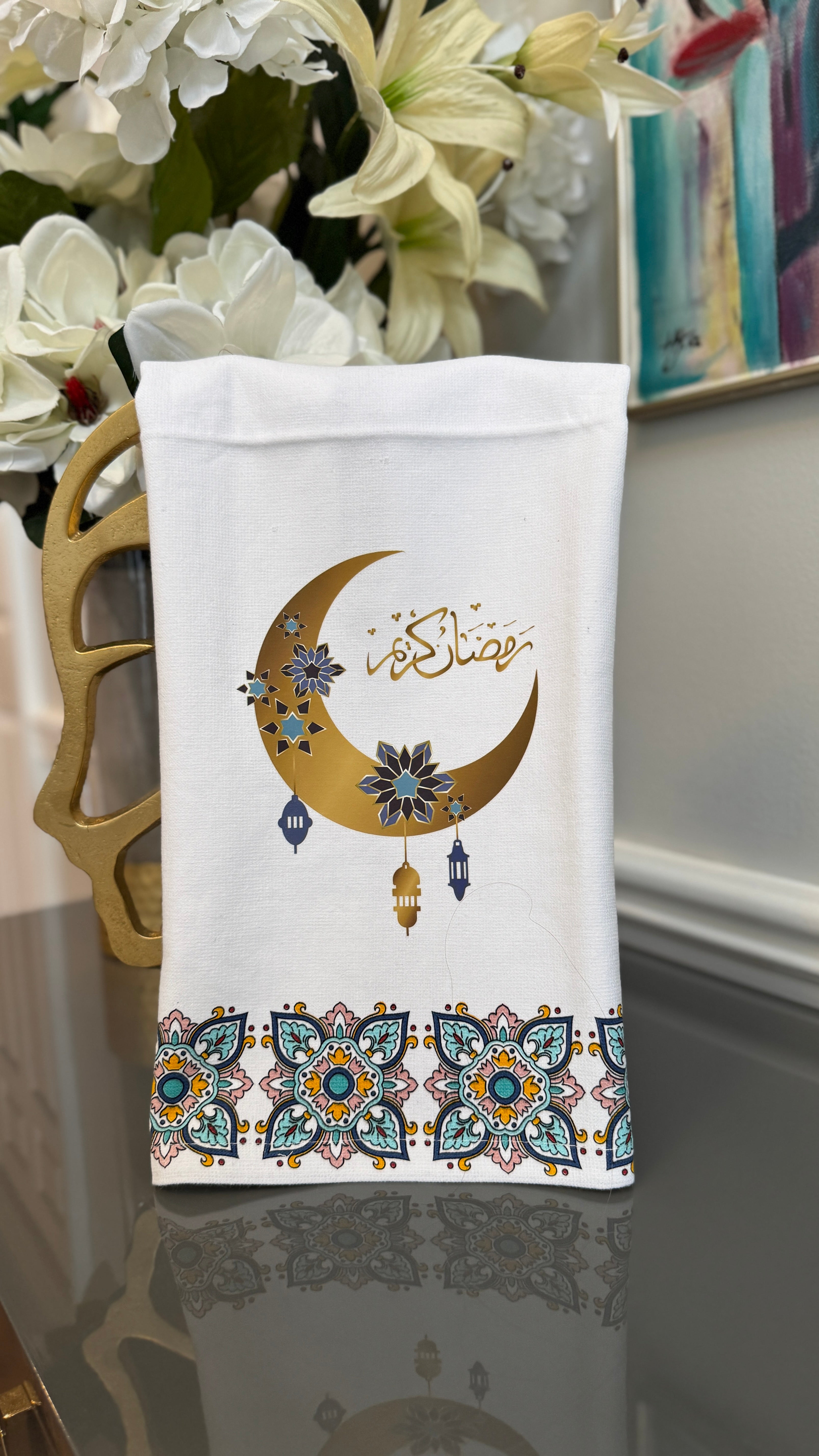 White Arabian mosaic design and Ramadan theme crescent and Arabic Calligraphy رمضان كريم