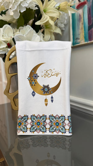 White Arabian mosaic design and Ramadan theme crescent and Arabic Calligraphy رمضان كريم