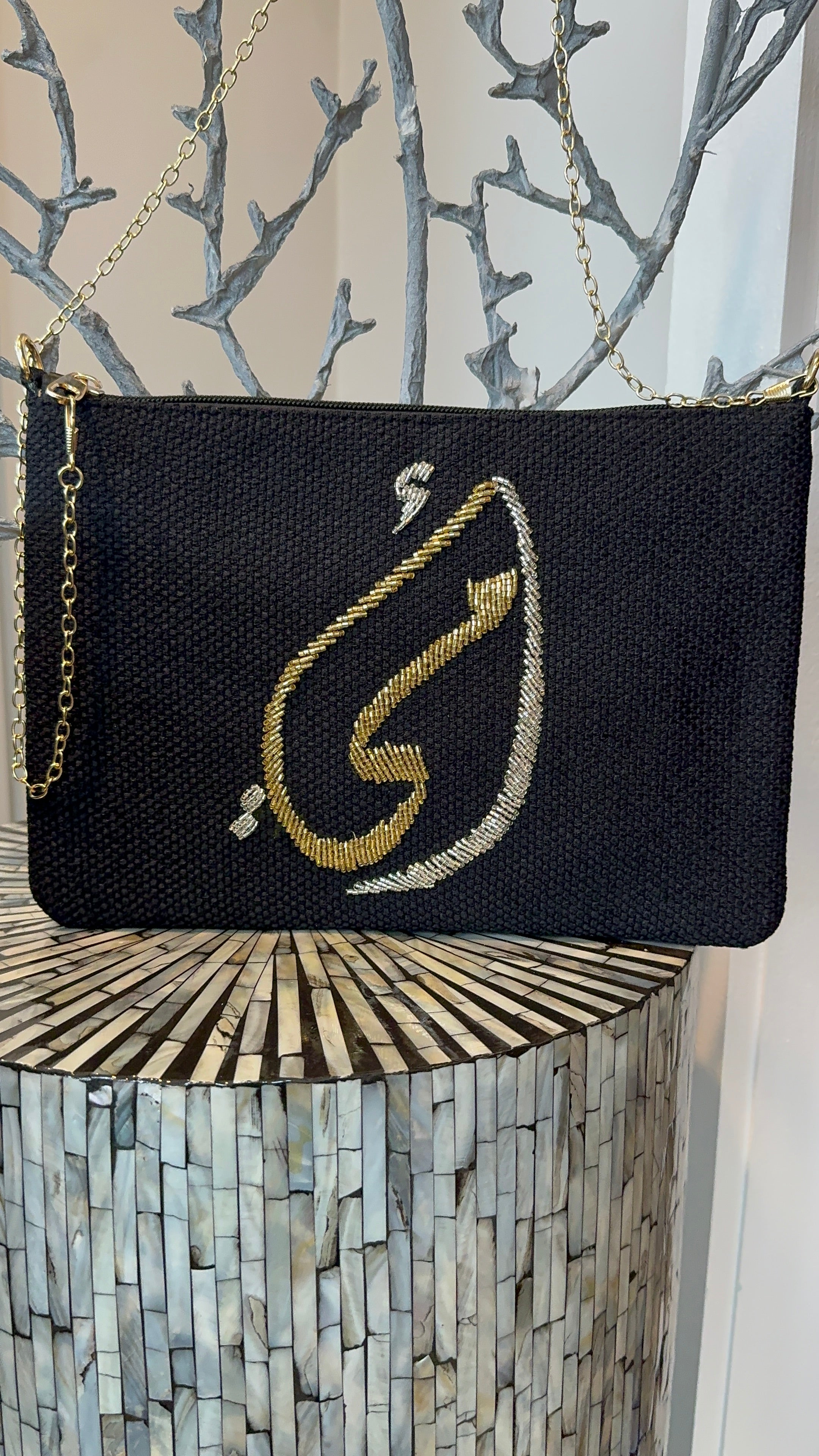 Black Clutch with Silver and Gold beading أمي