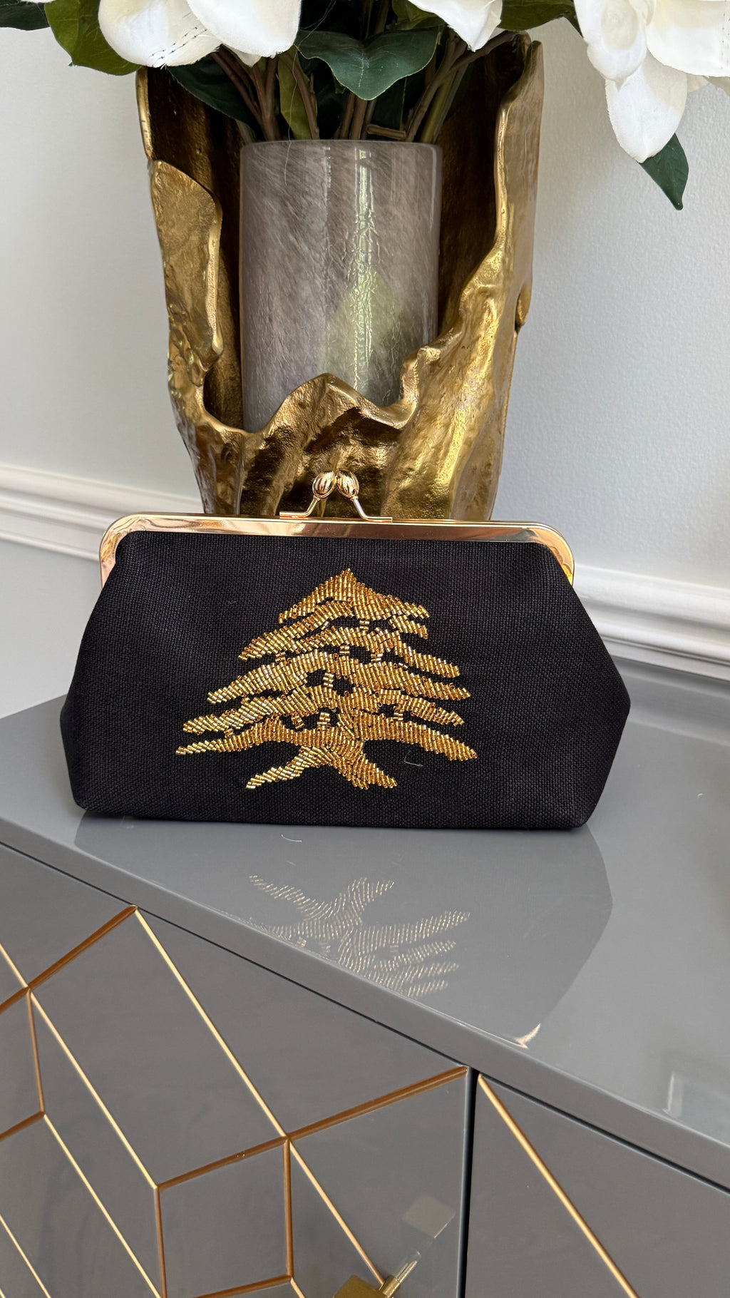 Black Handbag, clutch, purse beaded cedar of Lebanon.