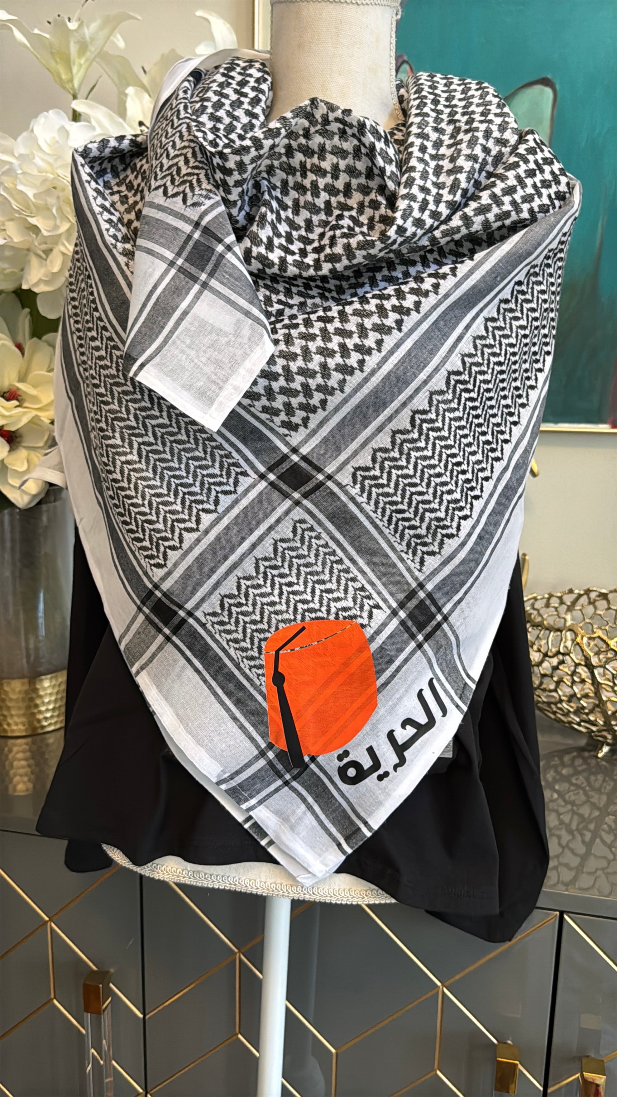 Black & White Keffiyeh, designed on both sides designed with Fez and Arabic Caligraphy الحرية and Sequin flower