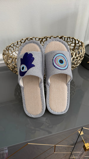 Navy Blue Slip on Slippers. Designed with evil eye and Fatima Hand