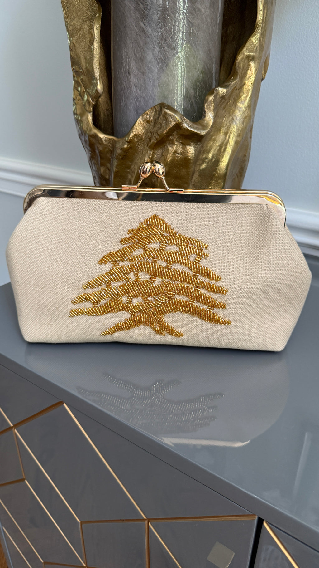 Off White Handbag, clutch, purse beaded cedar of Lebanon.