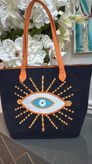 Big tote bag with beaded evil eye design