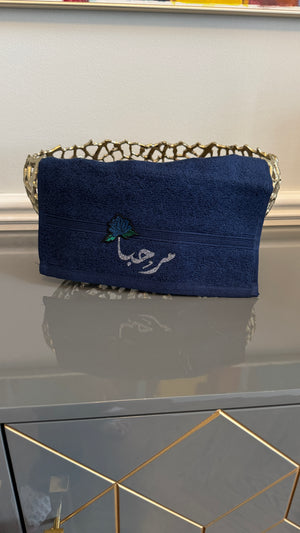 Blue Hand towel designed with Arabic Calligraphy مرحبا