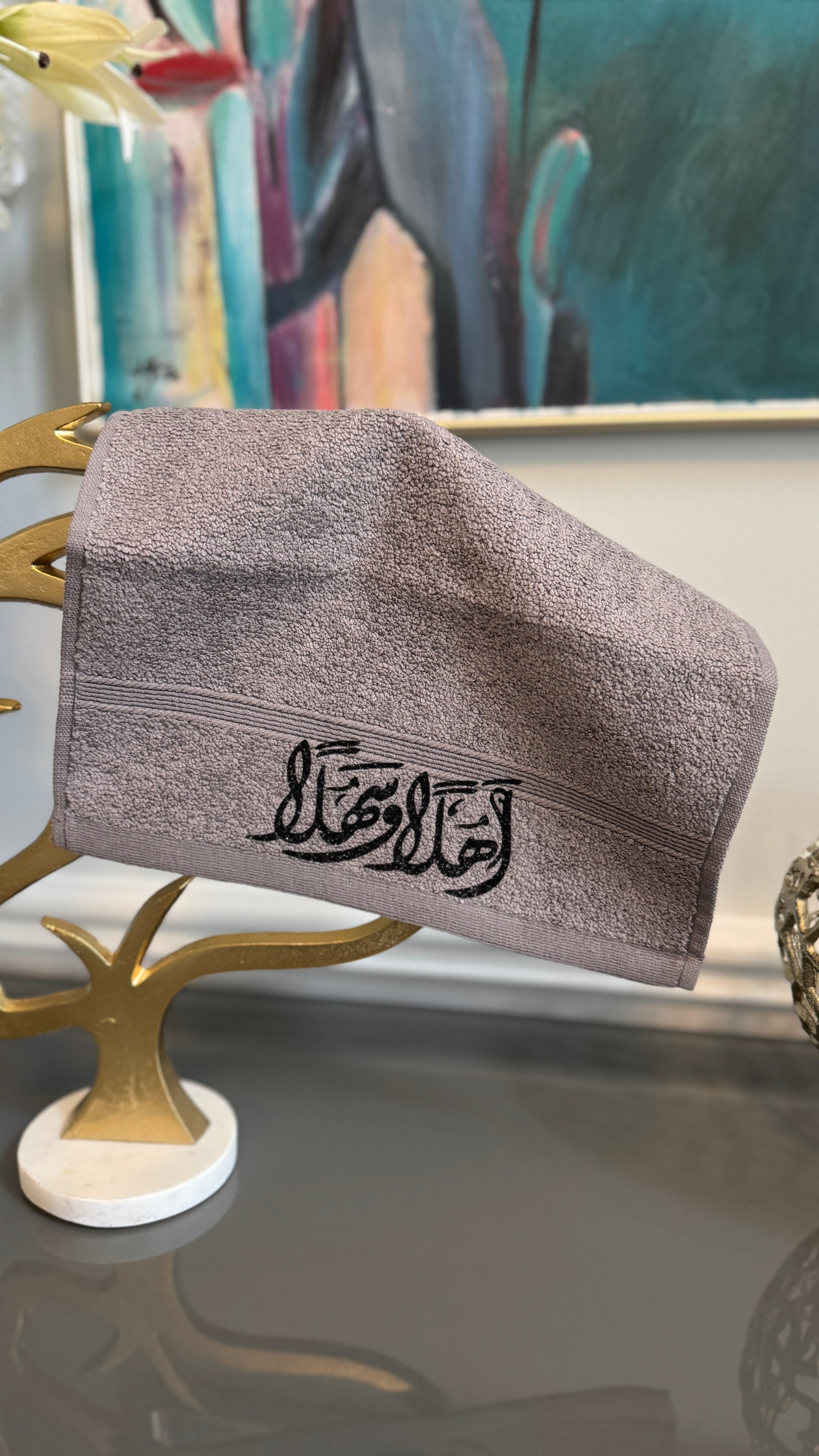 Gray Hand towel designed with Arabic Calligraphy اهلا وسهلاً