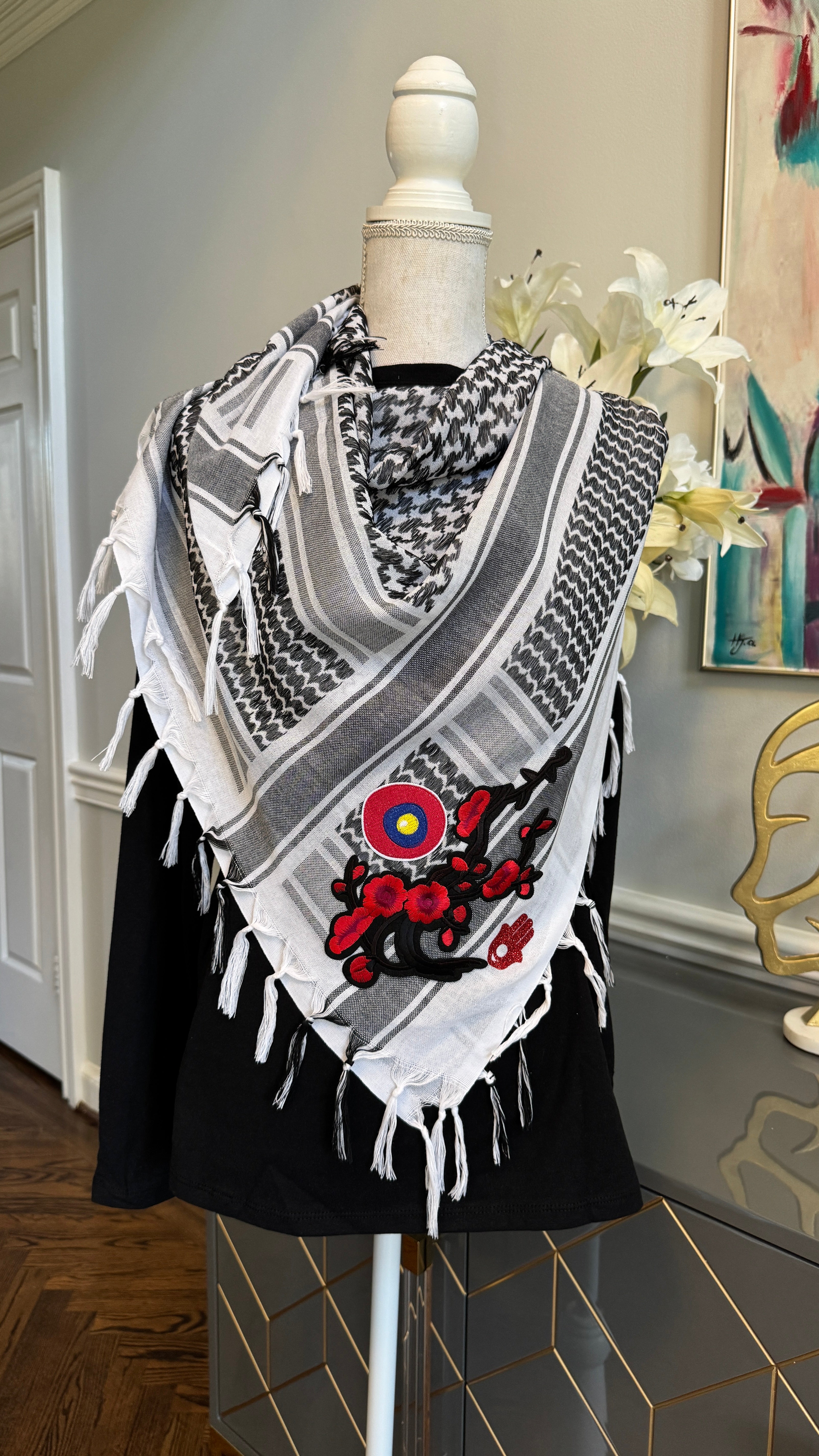 Black & White Keffiyeh, Kuffiyeh, Shemagh designed with embroidery flowers , evil eye and glitter Fatimah Hand motif