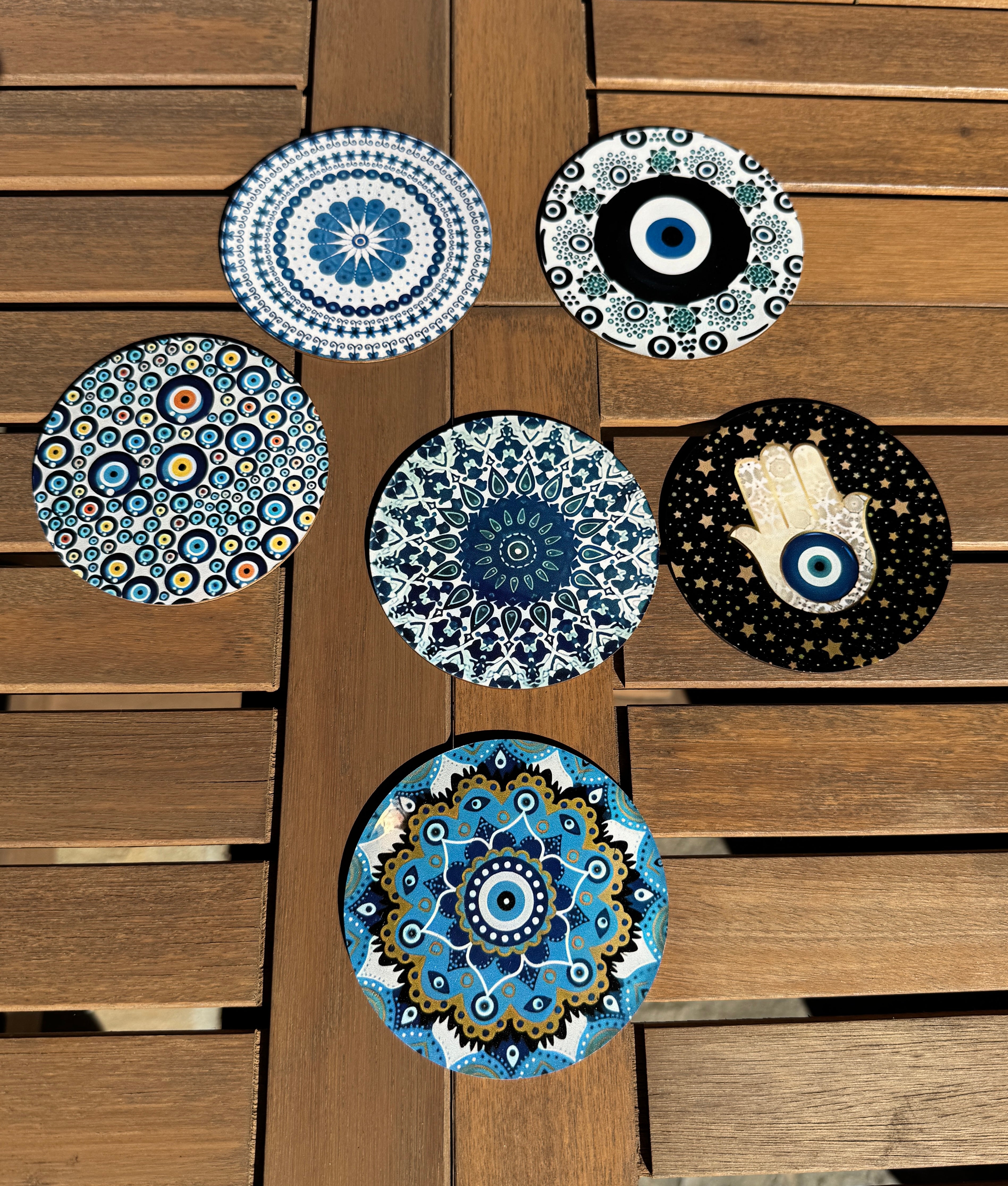 Set of Six wooden coasters hand painted, abstract evil eye theme