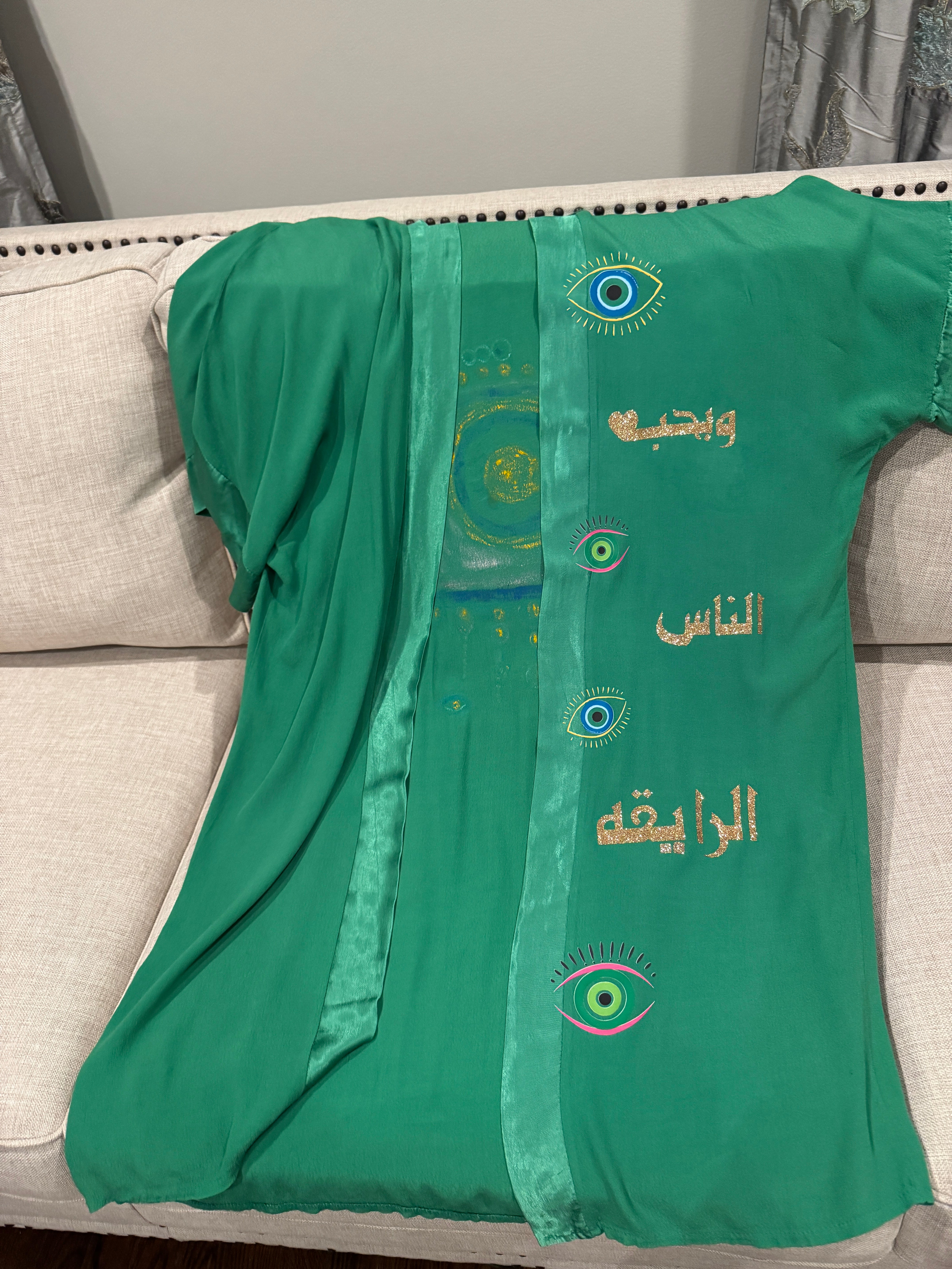 Open Caftan Green Color Hand Pained evil eye design