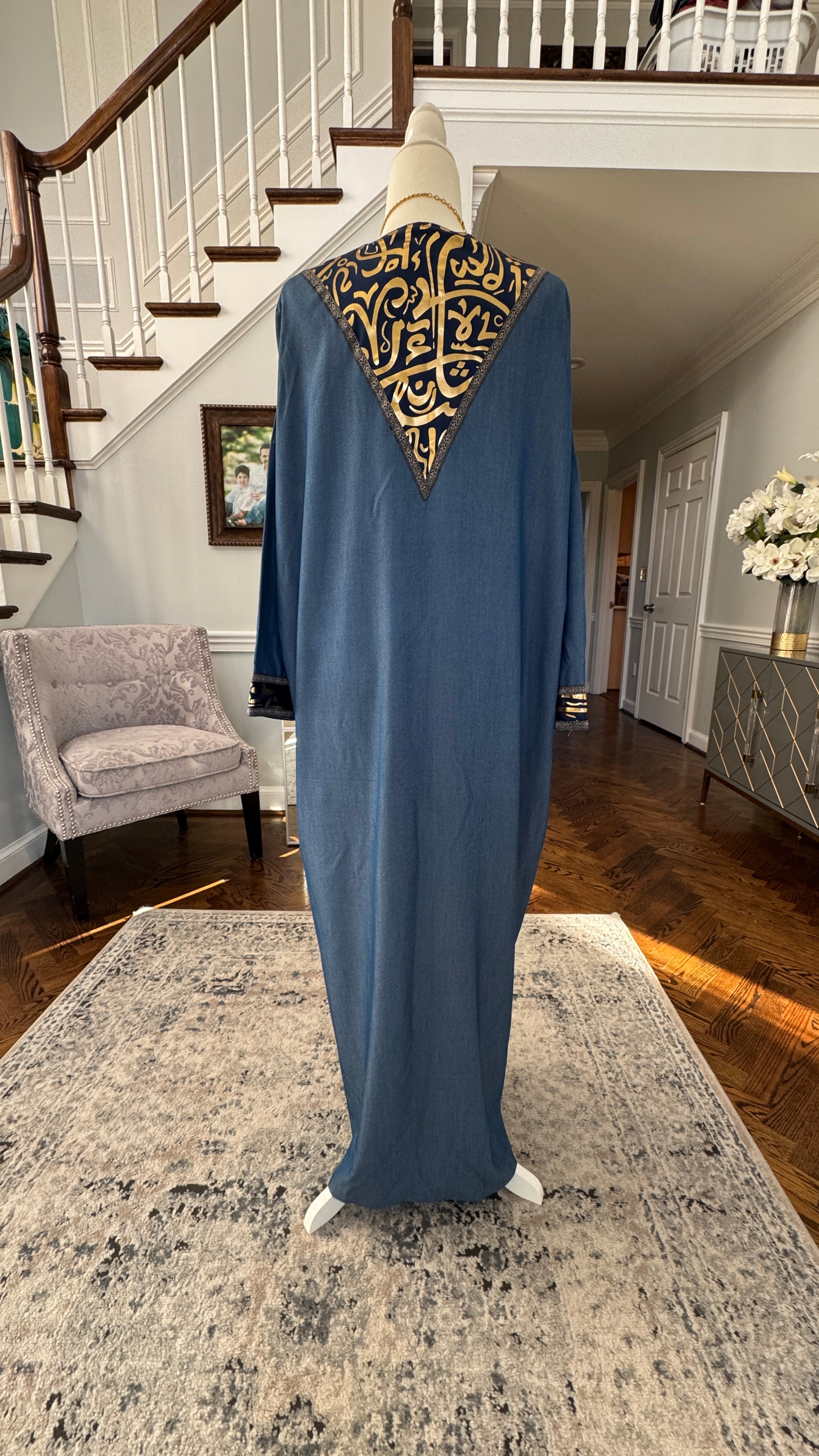 Blue Denim Open caftan embroidery Arabic Caligraphy design .