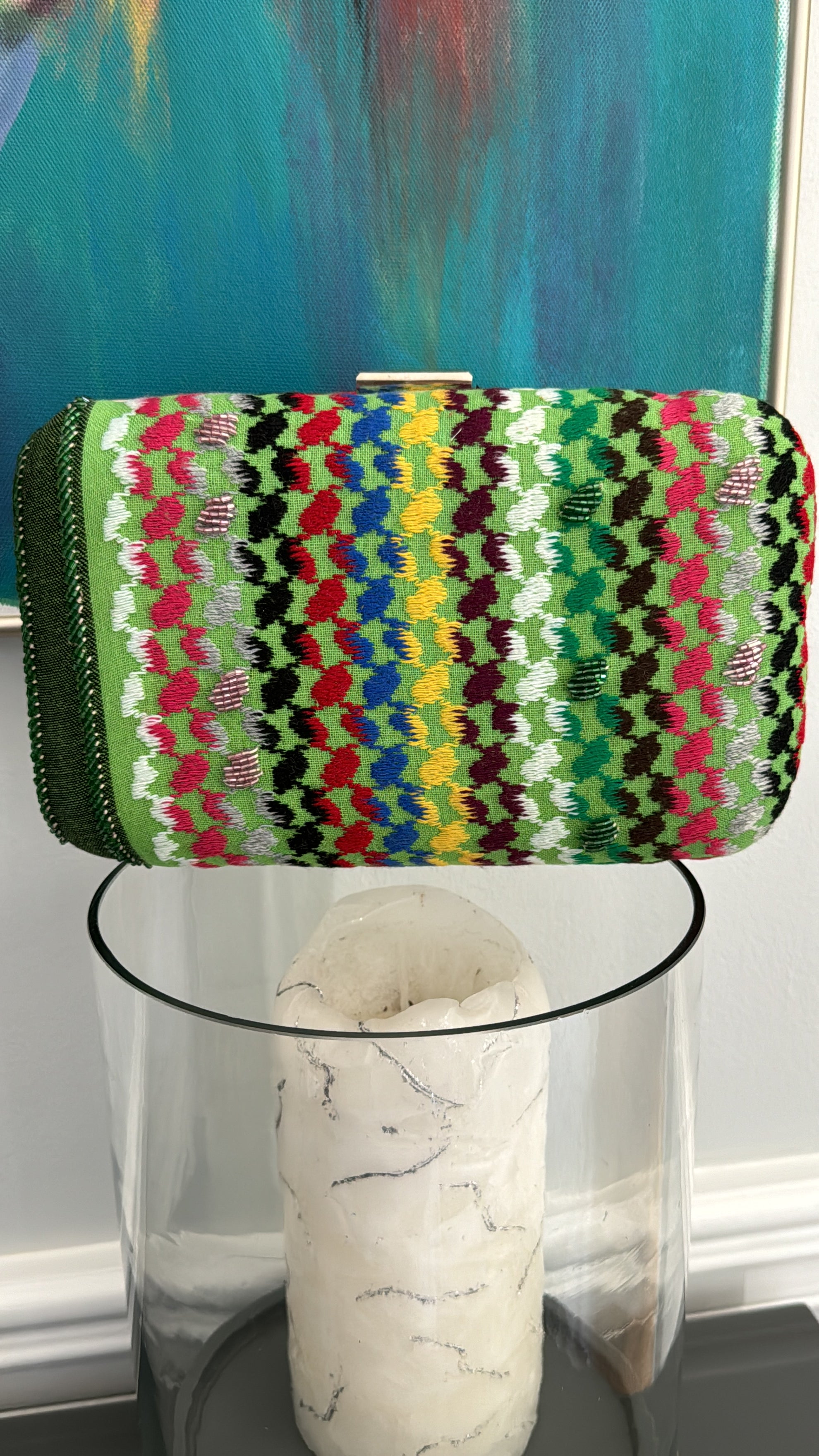 Green multi colors rectangle beaded keffiyeh Clutch, handbag