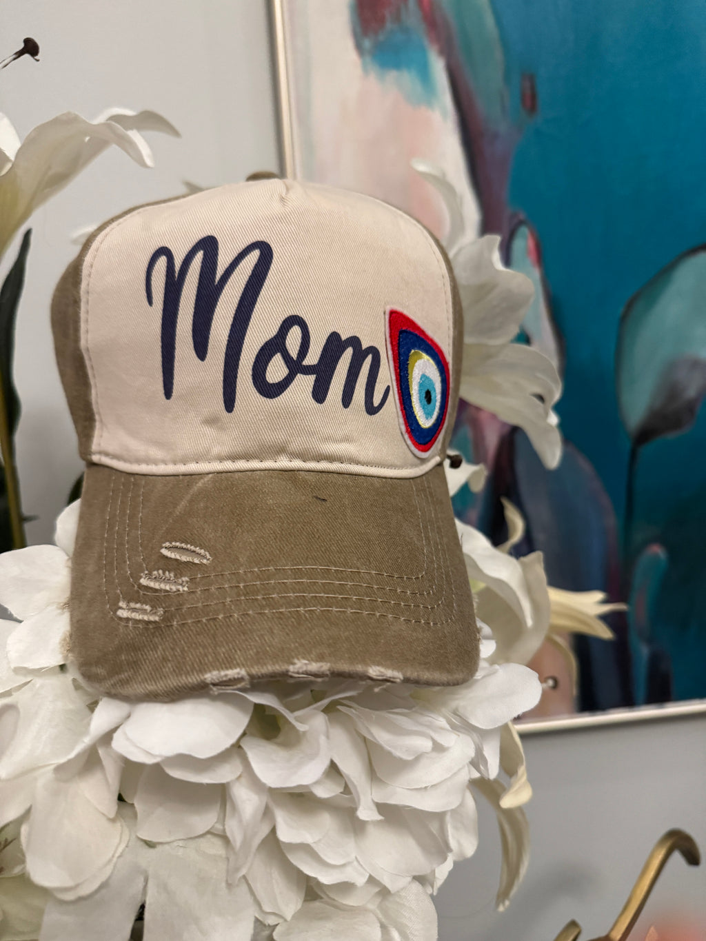 Cap hat Mom design with embroidery tear drop evil eye.