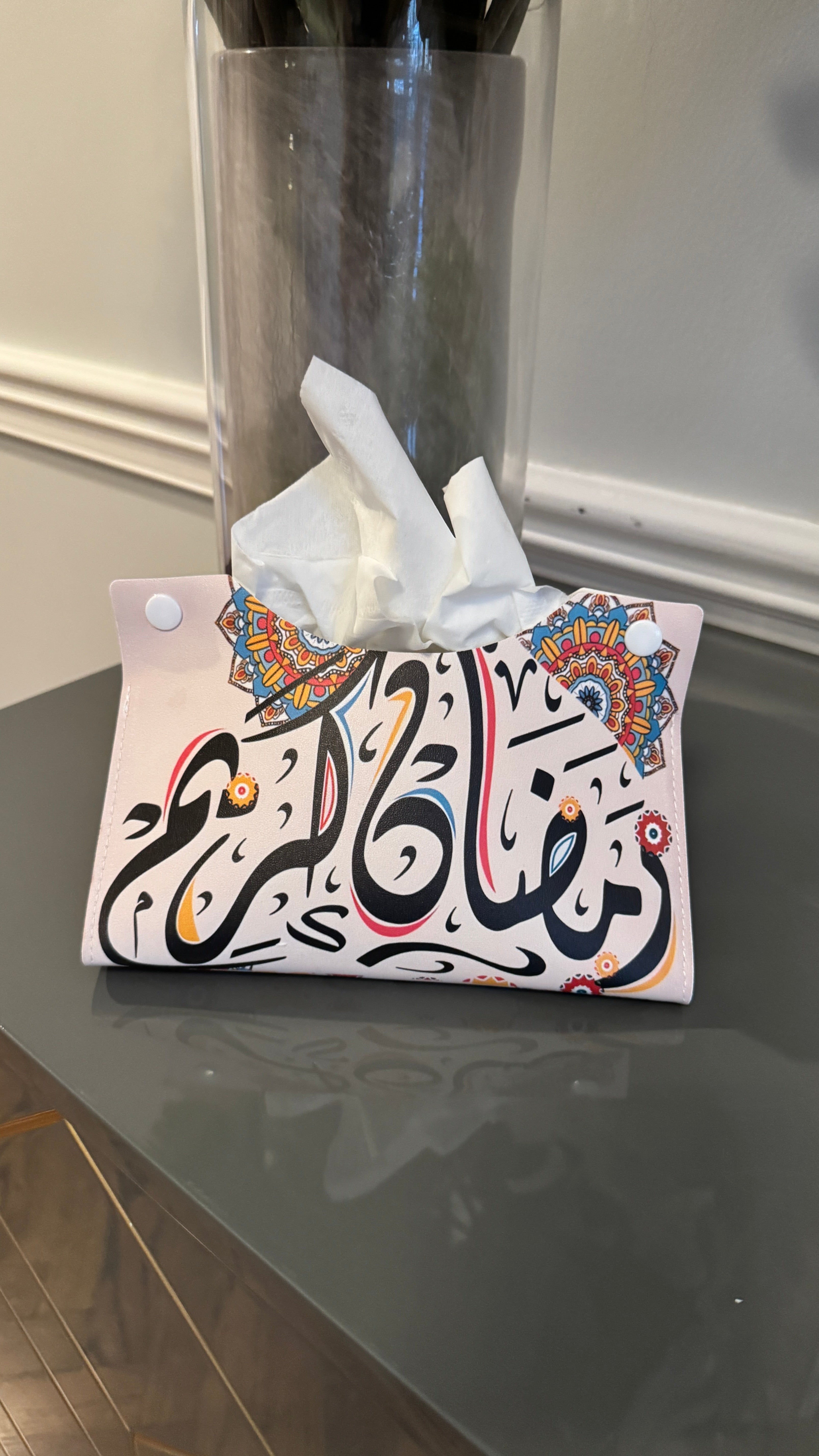 Tissue box cover designed with Arabic Calligraphy رمضان كريم