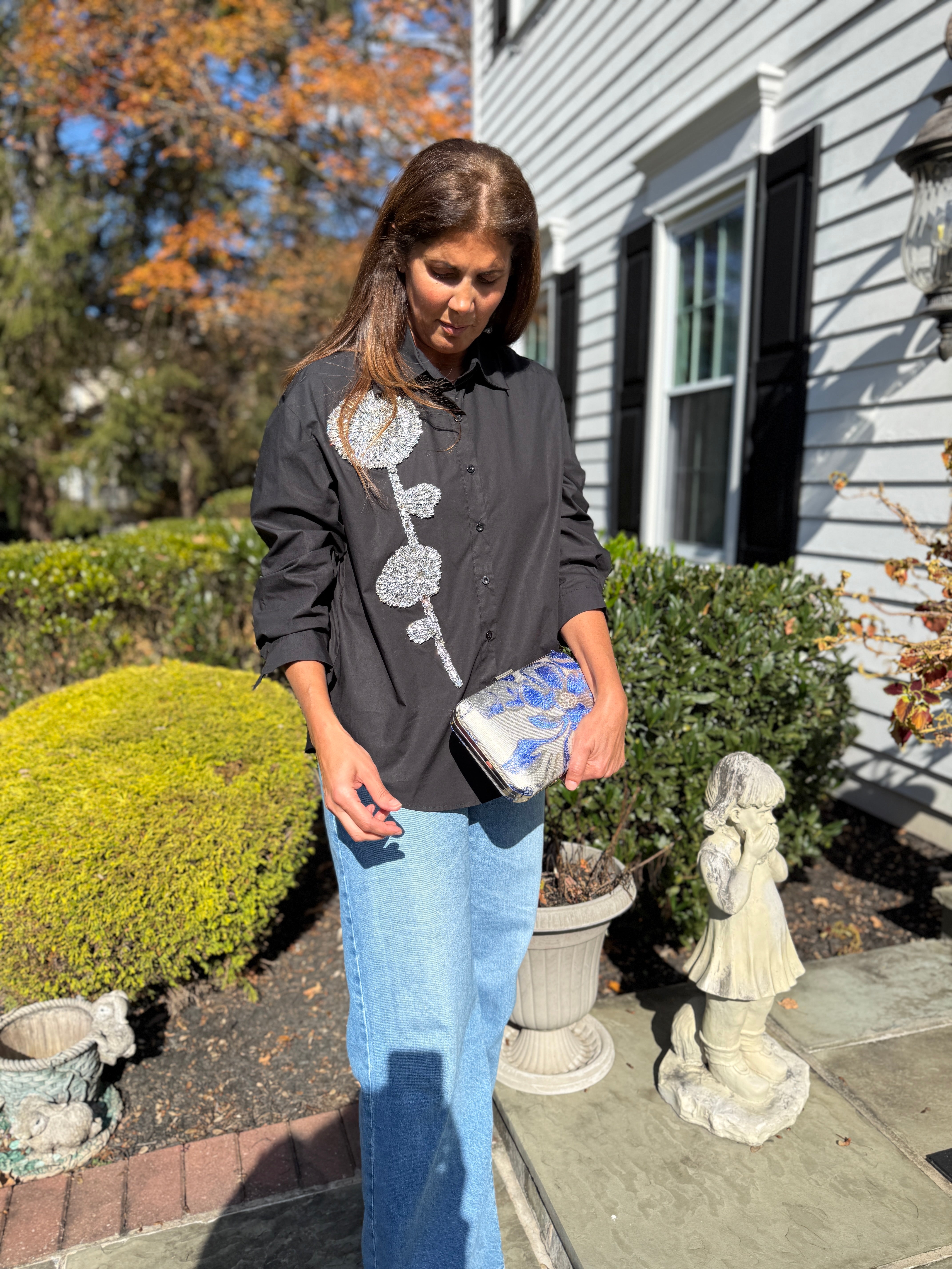 Embellished Shirt with crystal stone flower theme