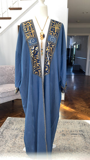 Blue Denim Open caftan embroidery Arabic Caligraphy design .