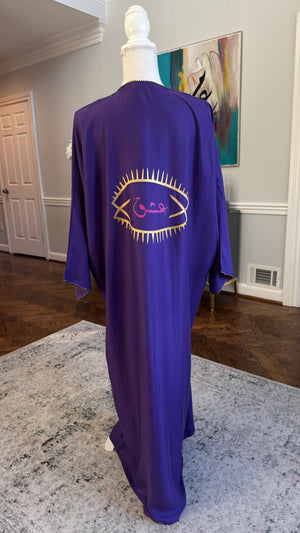 Deep Purple Open caftan embroidery design on the front. Designed with Arabic Calligraphy سألتك حبيبي لوين رايحين. Unique design on the back عشق