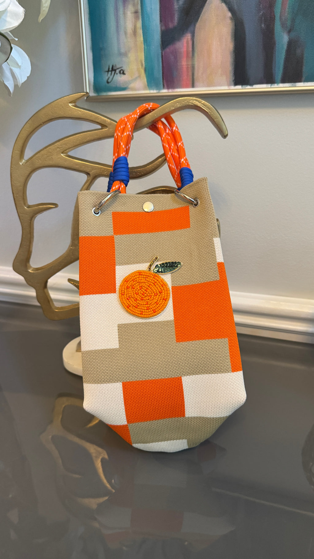 Handbag tote vintage look, retro mixed colors , unique design.