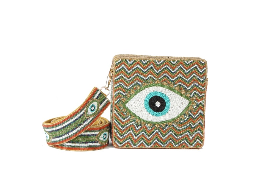 Beaded evil eye crossbody bag with evil eye beaded straps. Beaded all around