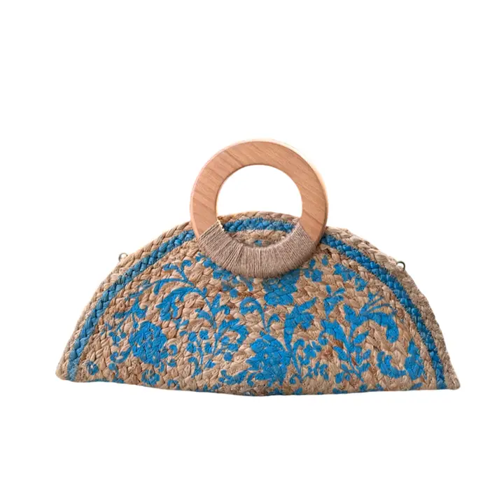 Turquoise Jute Clutch handbag, flower design