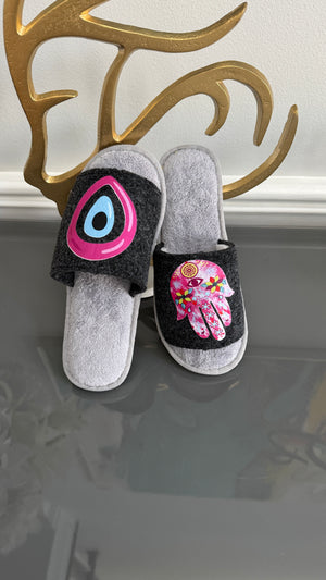 Gray Slip on Slippers. Designed with evil eye and Fatima Hand