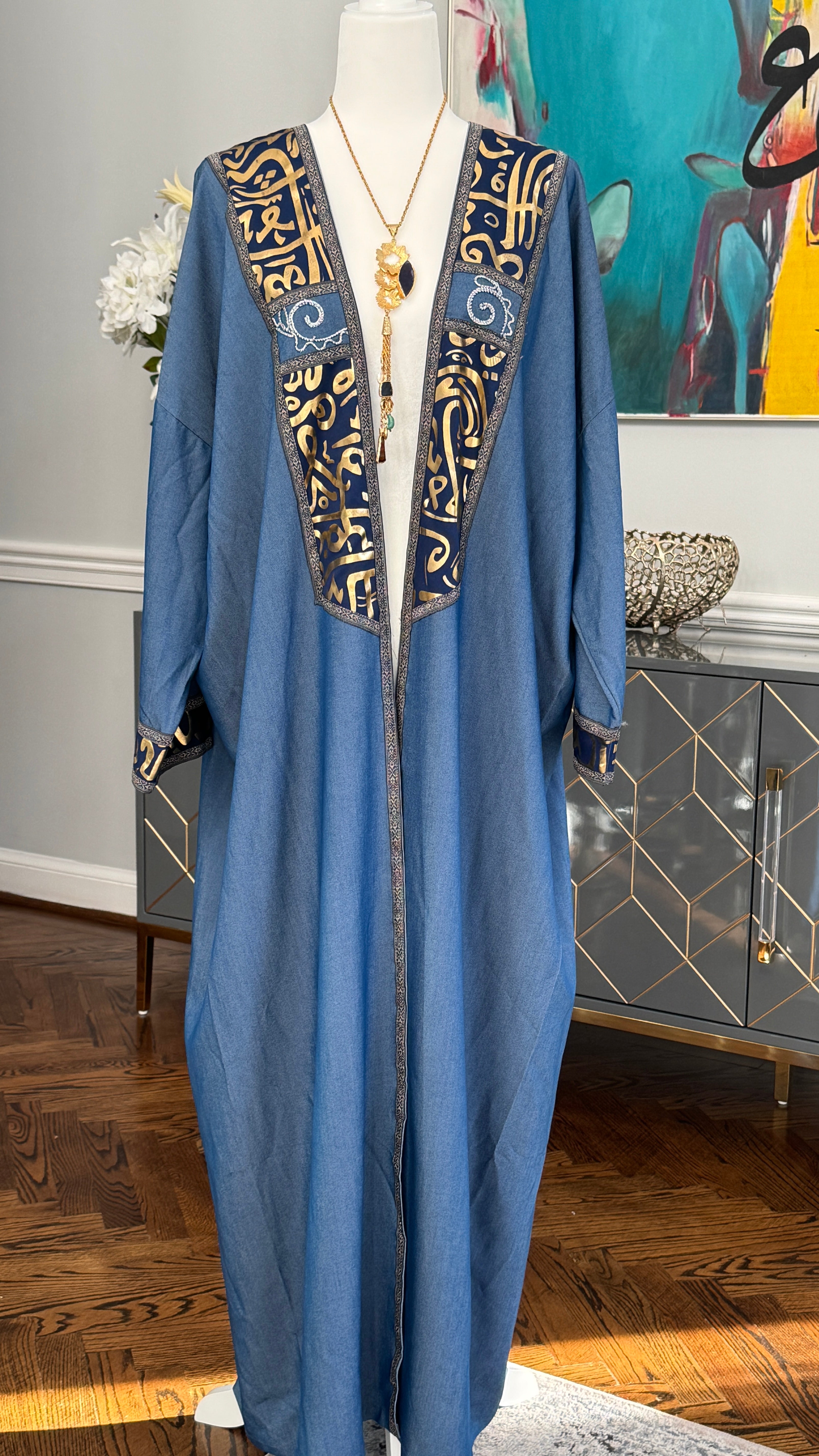 Blue Denim Open caftan embroidery Arabic Caligraphy design .