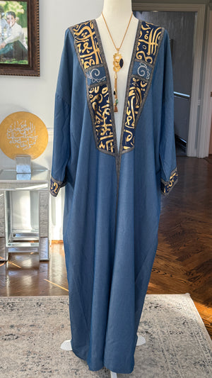 Blue Denim Open caftan embroidery Arabic Caligraphy design .