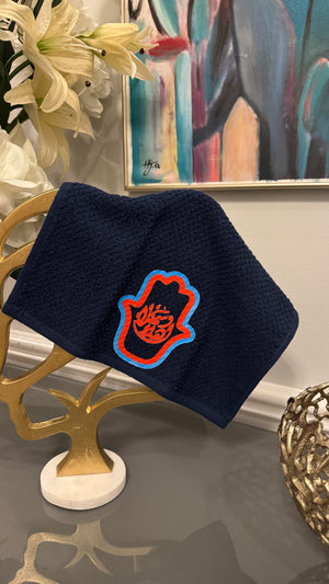 Blue Hand Towels designed with Arabic Calligraphy and Fatima’s Hand