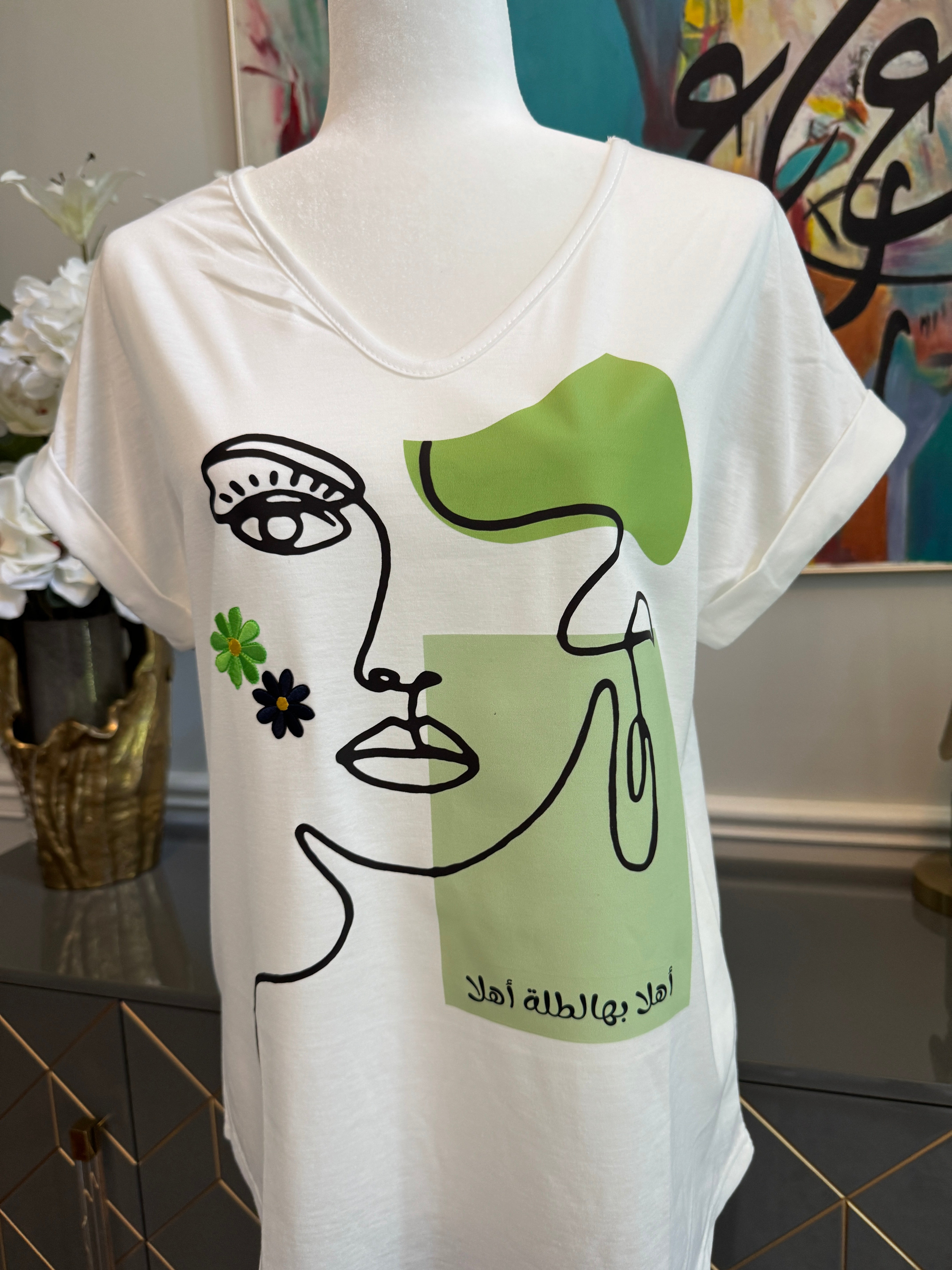 V Neck neck white shirt beauty & Arabic caligraphy Design اهلا بها الطلة اهلا