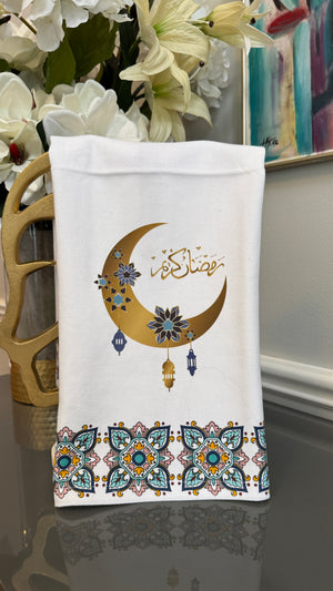 White Arabian mosaic design and Ramadan theme crescent and Arabic Calligraphy رمضان كريم