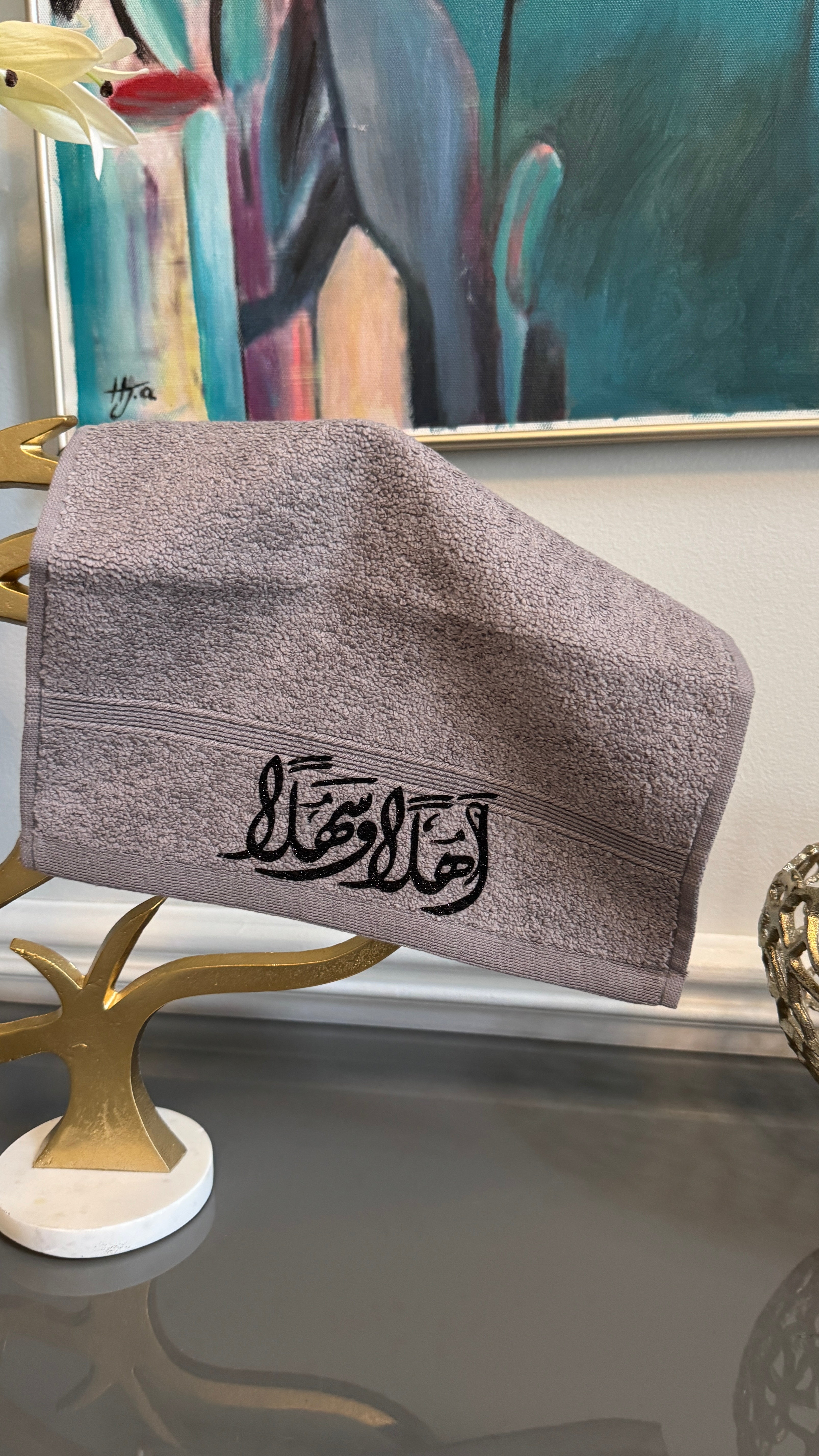 Gray Hand towel designed with Arabic Calligraphy اهلا وسهلاً