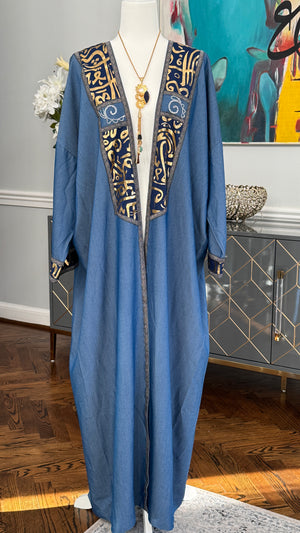 Blue Denim Open caftan embroidery Arabic Caligraphy design .