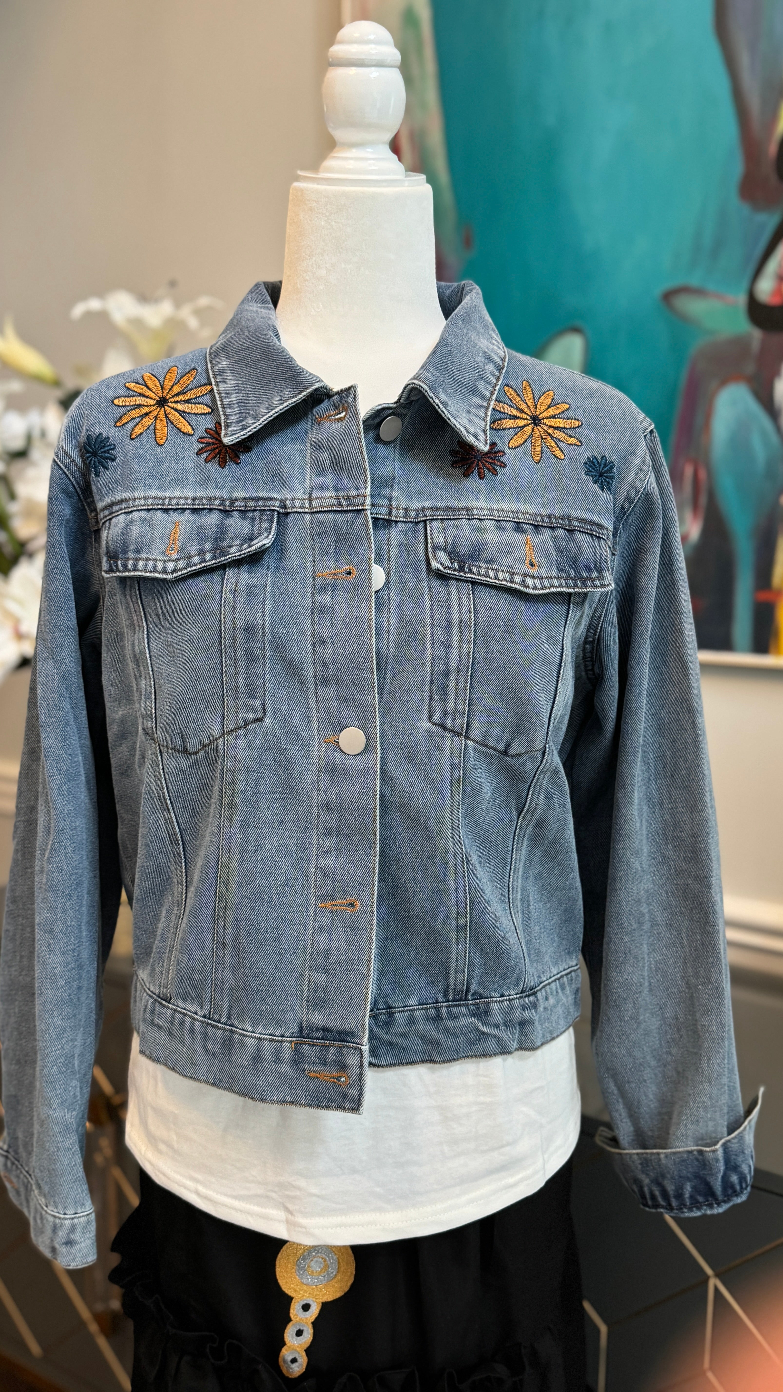 Denim Blue Jacket, embroidery flowers design theme