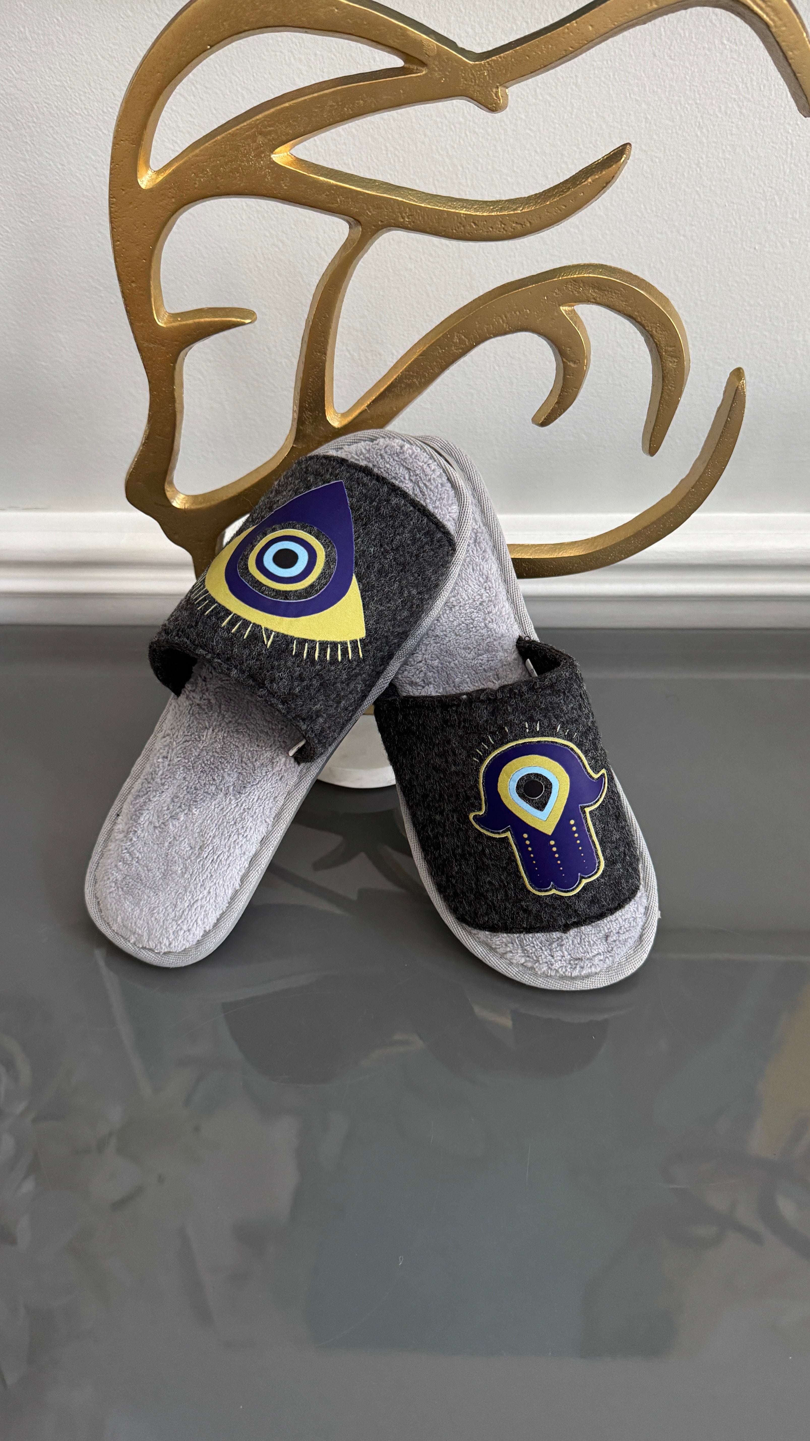 Gray Slip on Slippers. Designed with evil eye and Fatima Hand